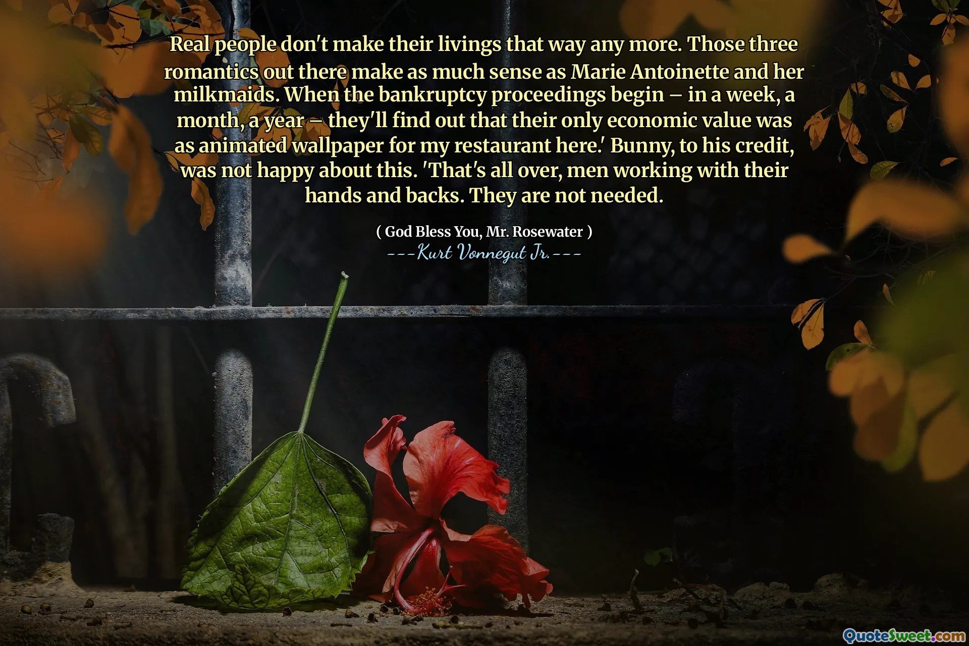 Le persone reali non fanno più le loro viti in questo modo. Quei tre romantici là fuori hanno tanto senso di Marie Antoinette e delle sue mungitori. Quando iniziano le procedure fallimentari - tra una settimana, un mese, un anno - scopriranno che il loro unico valore economico era come sfondo animato per il mio ristorante qui. " Bunny, a suo merito, non era contento di questo. 'Ecco, uomini che lavorano con le mani e le spalle. Non sono necessari.