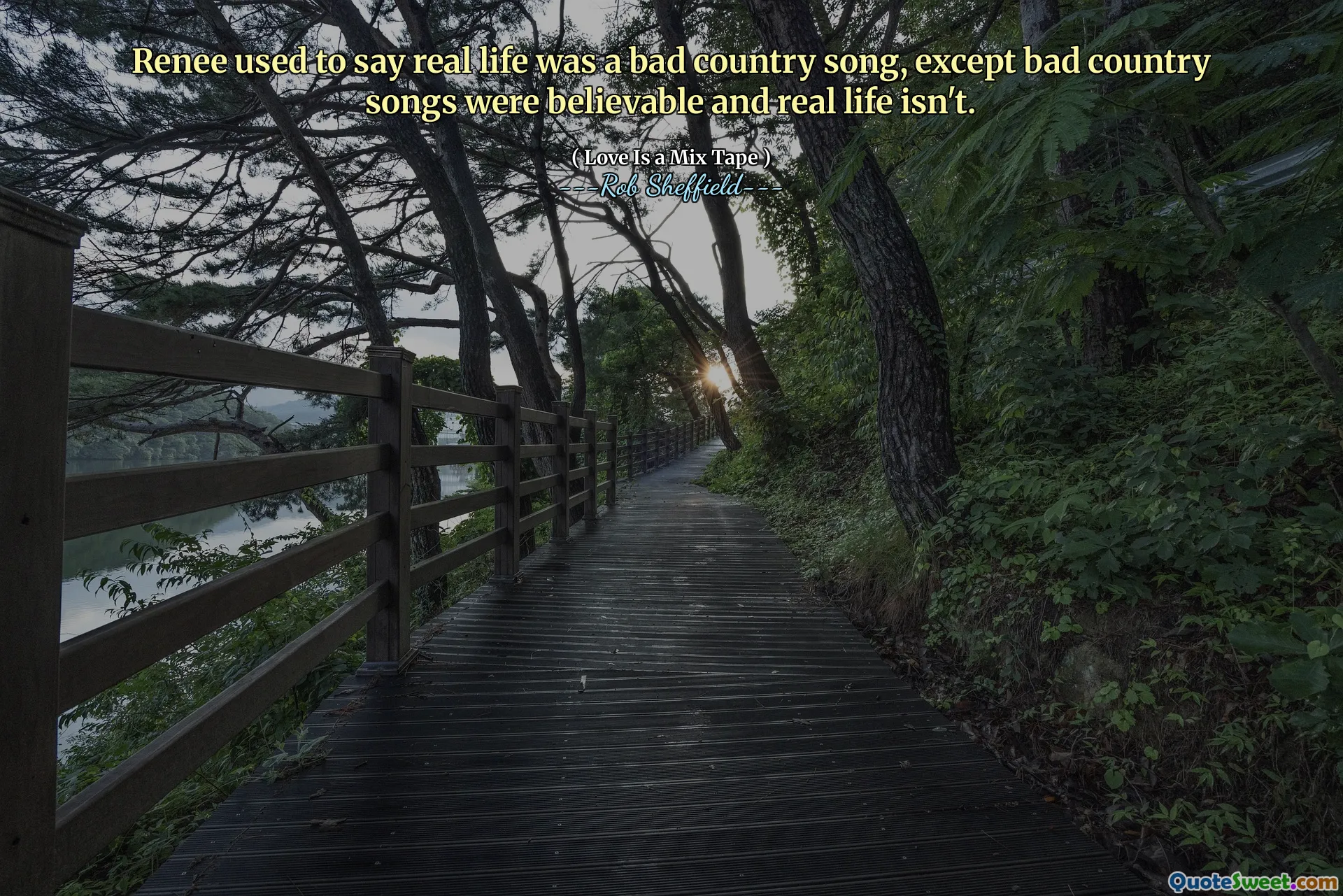 Renee used to say real life was a bad country song, except bad country songs were believable and real life isn't.