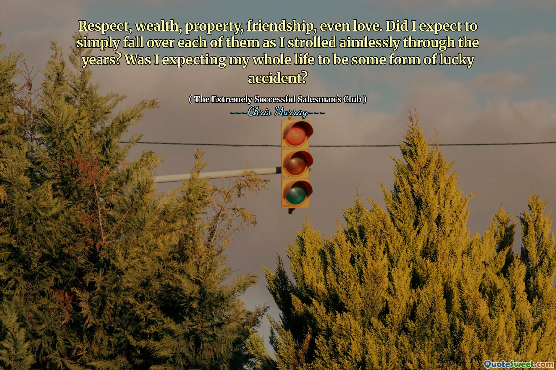 Respect, rijkdom, eigendom, vriendschap, zelfs liefde. Had ik verwacht dat ik gewoon over elk van hen zou vallen terwijl ik door de jaren heen doelloos wandelde? Verwachtte ik dat mijn hele leven een vorm van geluksongeval zou zijn?