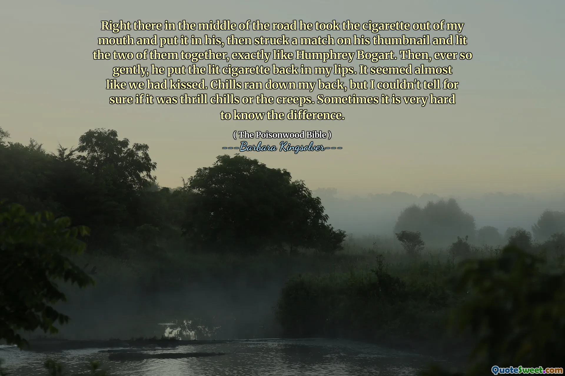 道路の真ん中に彼は私の口からタバコを取り出して彼に入れた後、サムネイルで試合を打って、ハンフリー・ボガートのように2人を一緒に照らしました。それから、彼は私の唇に照らされたタバコを元に戻しました。私たちがキスしたように見えました。悪寒は背中を駆け下りましたが、スリルの寒いのか忍び寄るのかは確かではありませんでした。違いを知るのが非常に難しい場合があります。