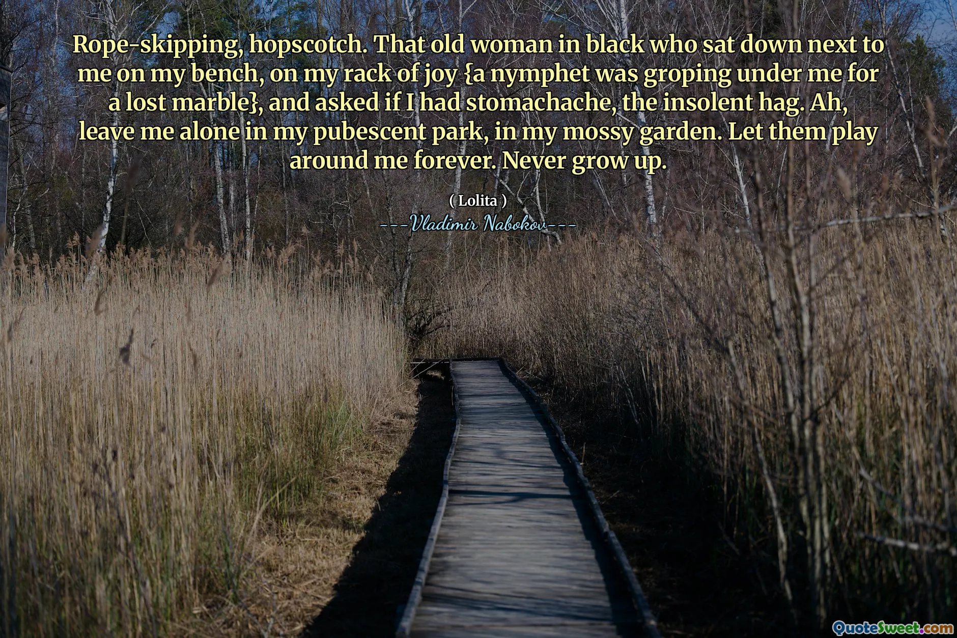 Rope-skipping, hopscotch. That old woman in black who sat down next to me on my bench, on my rack of joy {a nymphet was groping under me for a lost marble}, and asked if I had stomachache, the insolent hag. Ah, leave me alone in my pubescent park, in my mossy garden. Let them play around me forever. Never grow up.