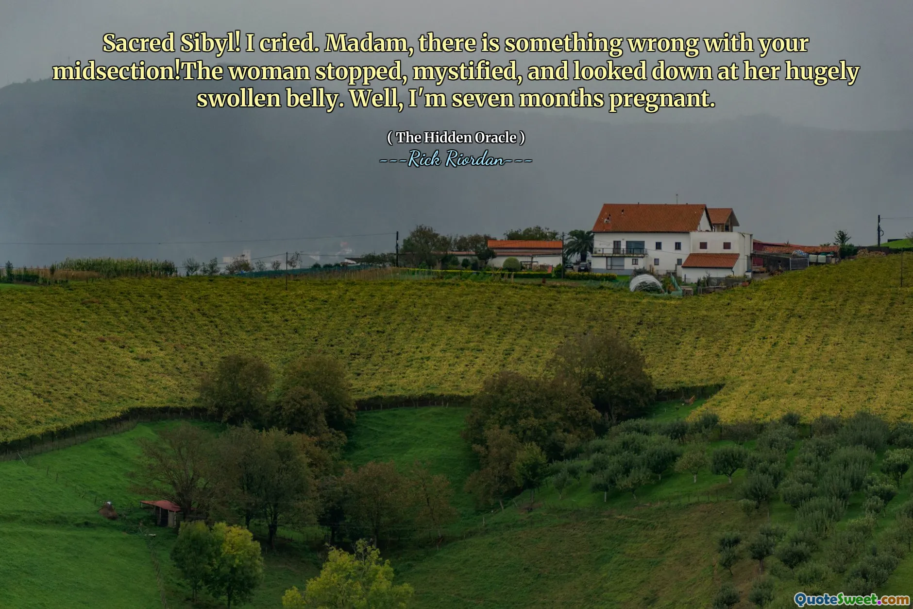 Sacred Sibyl! I cried. Madam, there is something wrong with your midsection!The woman stopped, mystified, and looked down at her hugely swollen belly. Well, I'm seven months pregnant.