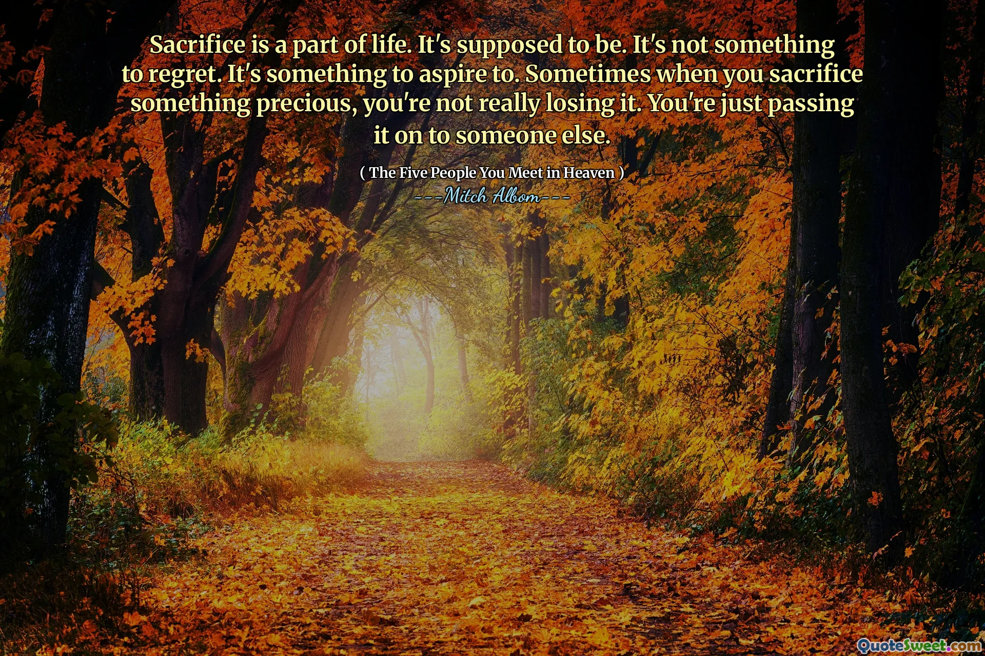 მსხვერპლი ცხოვრების ნაწილია. ეს უნდა იყოს. ეს არ არის სინანული. ეს არის მისწრაფება. ზოგჯერ, როდესაც რაღაც ძვირფასს შესწირავ, შენ ნამდვილად არ კარგავ მას. თქვენ უბრალოდ გადასცემთ მას სხვისთვის.