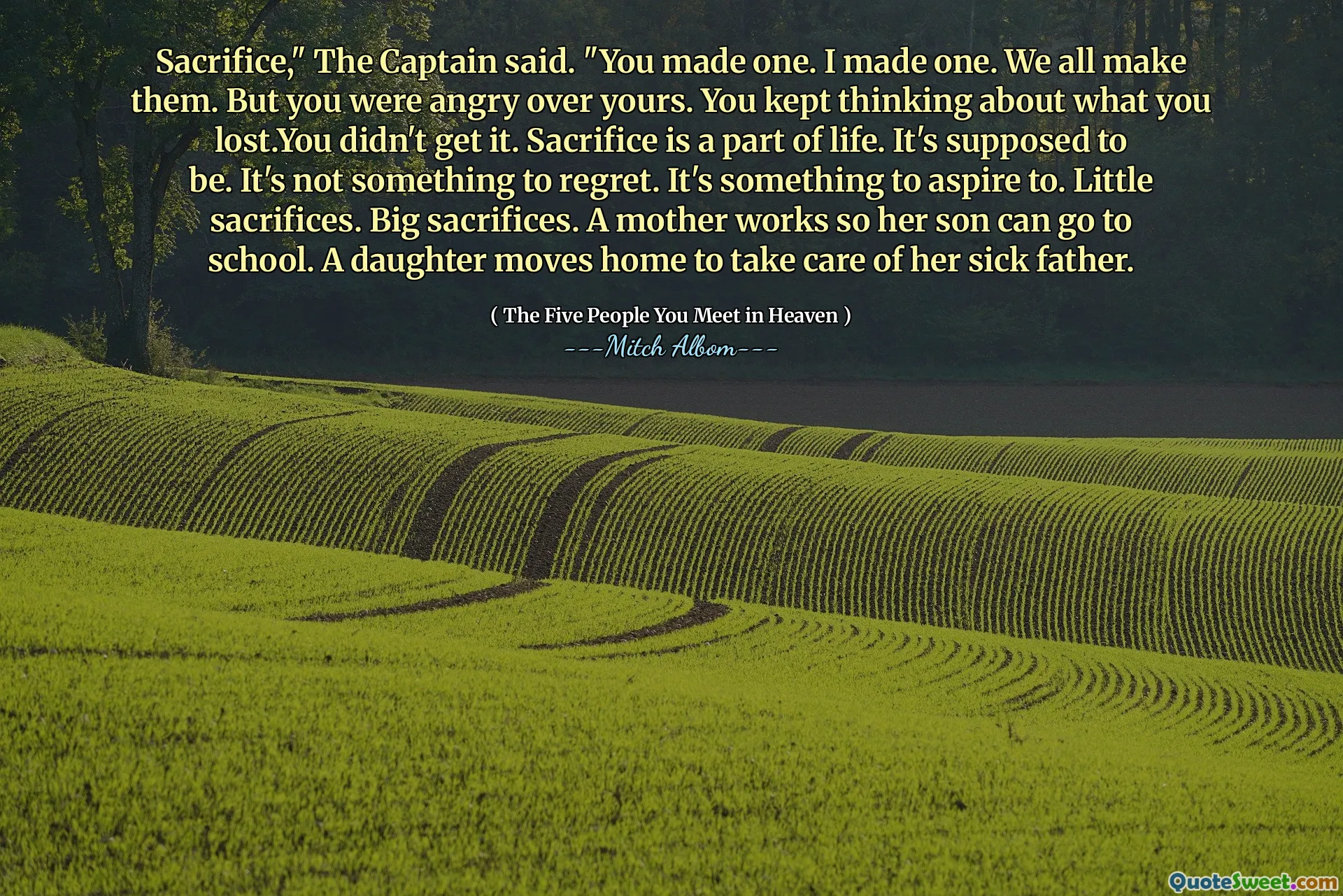 Offer op, "zei de kapitein." Je hebt er een gemaakt. Ik heb er een gemaakt. We maken ze allemaal. Maar je was boos over de jouwe. Je bleef maar nadenken over wat je hebt verloren. Je hebt het niet begrepen. Offer is een onderdeel van het leven. Het zou moeten zijn. Het is niet iets om spijt te krijgen. Het is iets om naar te streven. Kleine offers. Grote offers. Een moeder werkt zodat haar zoon naar school kan. Een dochter verhuist naar huis om voor haar zieke vader te zorgen.