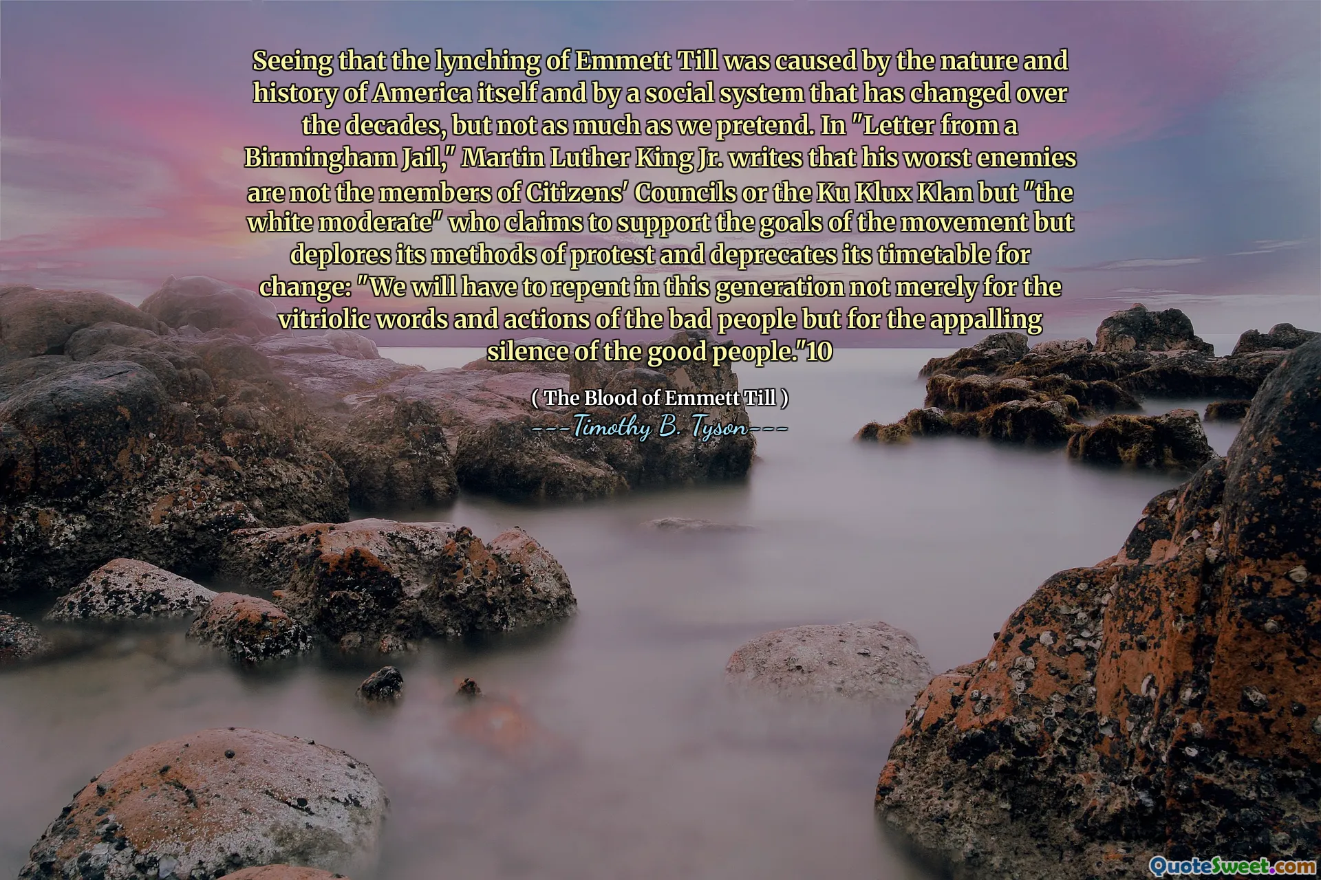 Seeing that the lynching of Emmett Till was caused by the nature and history of America itself and by a social system that has changed over the decades, but not as much as we pretend. In "Letter from a Birmingham Jail," Martin Luther King Jr. writes that his worst enemies are not the members of Citizens' Councils or the Ku Klux Klan but "the white moderate" who claims to support the goals of the movement but deplores its methods of protest and deprecates its timetable for change: "We will have to repent in this generation not merely for the vitriolic words and actions of the bad people but for the appalling silence of the good people."10