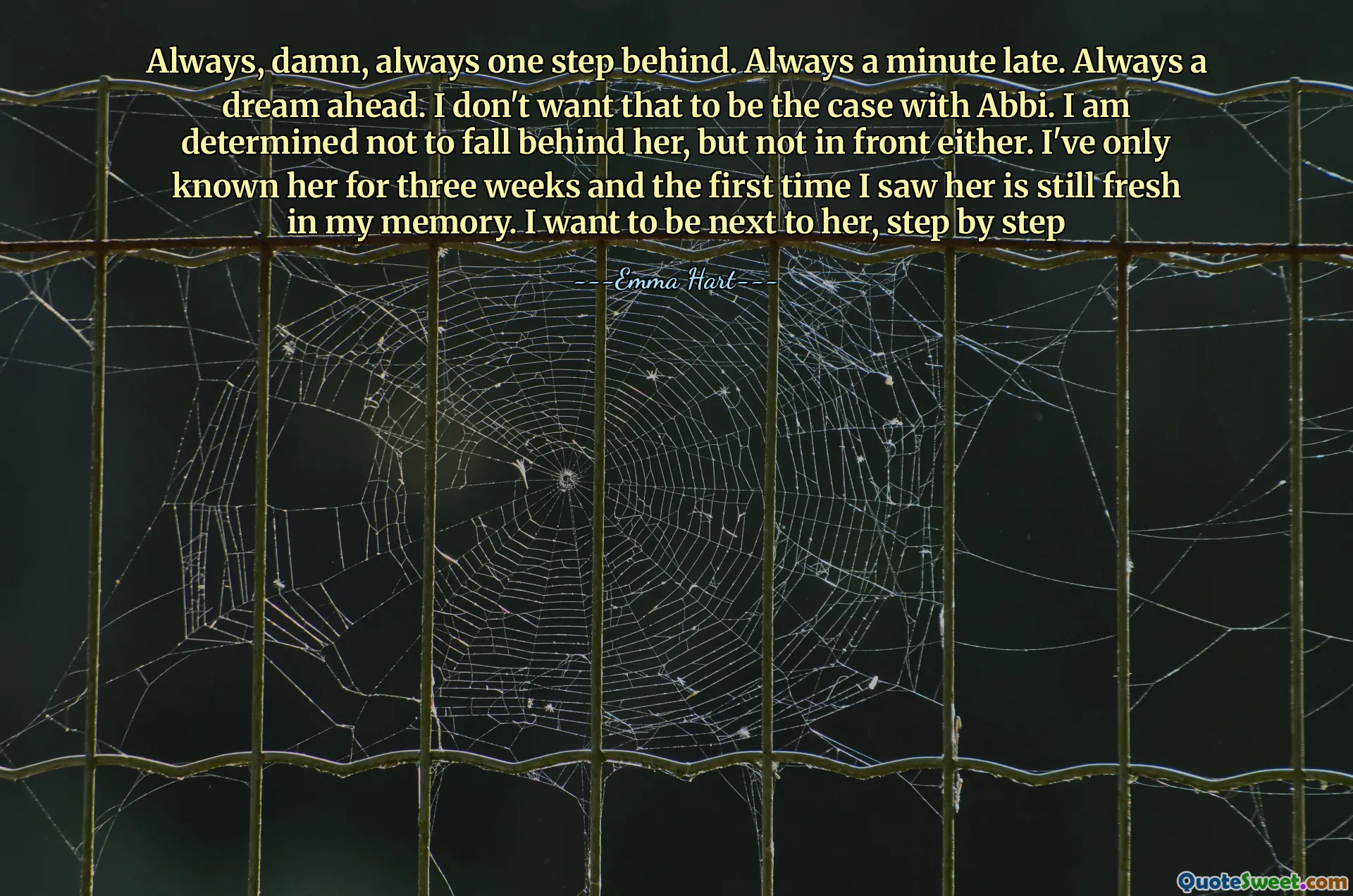 Alltid, jævla, alltid et skritt bak. Alltid et minutt for sent. Alltid en drøm fremover. Jeg vil ikke at det skal være tilfelle med ABBI. Jeg er fast bestemt på å ikke falle bak henne, men ikke foran heller. Jeg har bare kjent henne i tre uker, og første gang jeg så henne er fremdeles frisk i mitt minne. Jeg vil være ved siden av henne, trinn for trinn