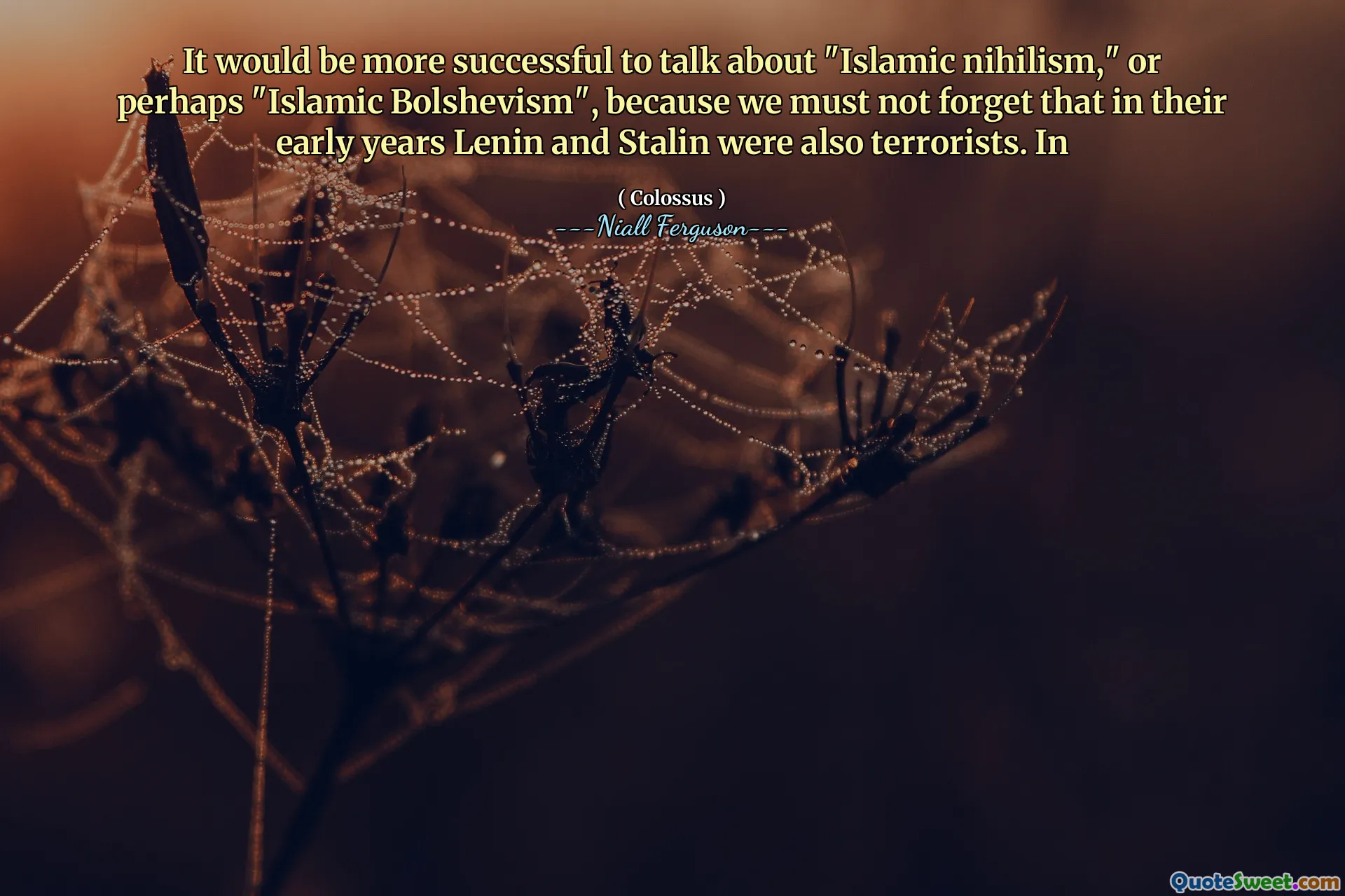 It would be more successful to talk about "Islamic nihilism," or perhaps "Islamic Bolshevism", because we must not forget that in their early years Lenin and Stalin were also terrorists. In