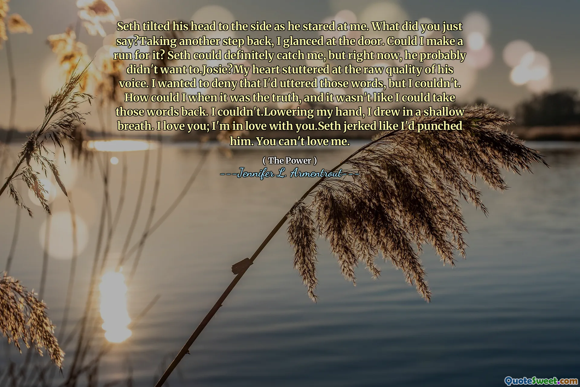 Seth tilted his head to the side as he stared at me. What did you just say?Taking another step back, I glanced at the door. Could I make a run for it? Seth could definitely catch me, but right now, he probably didn't want to.Josie?My heart stuttered at the raw quality of his voice. I wanted to deny that I'd uttered those words, but I couldn't. How could I when it was the truth, and it wasn't like I could take those words back. I couldn't.Lowering my hand, I drew in a shallow breath. I love you; I'm in love with you.Seth jerked like I'd punched him. You can't love me.