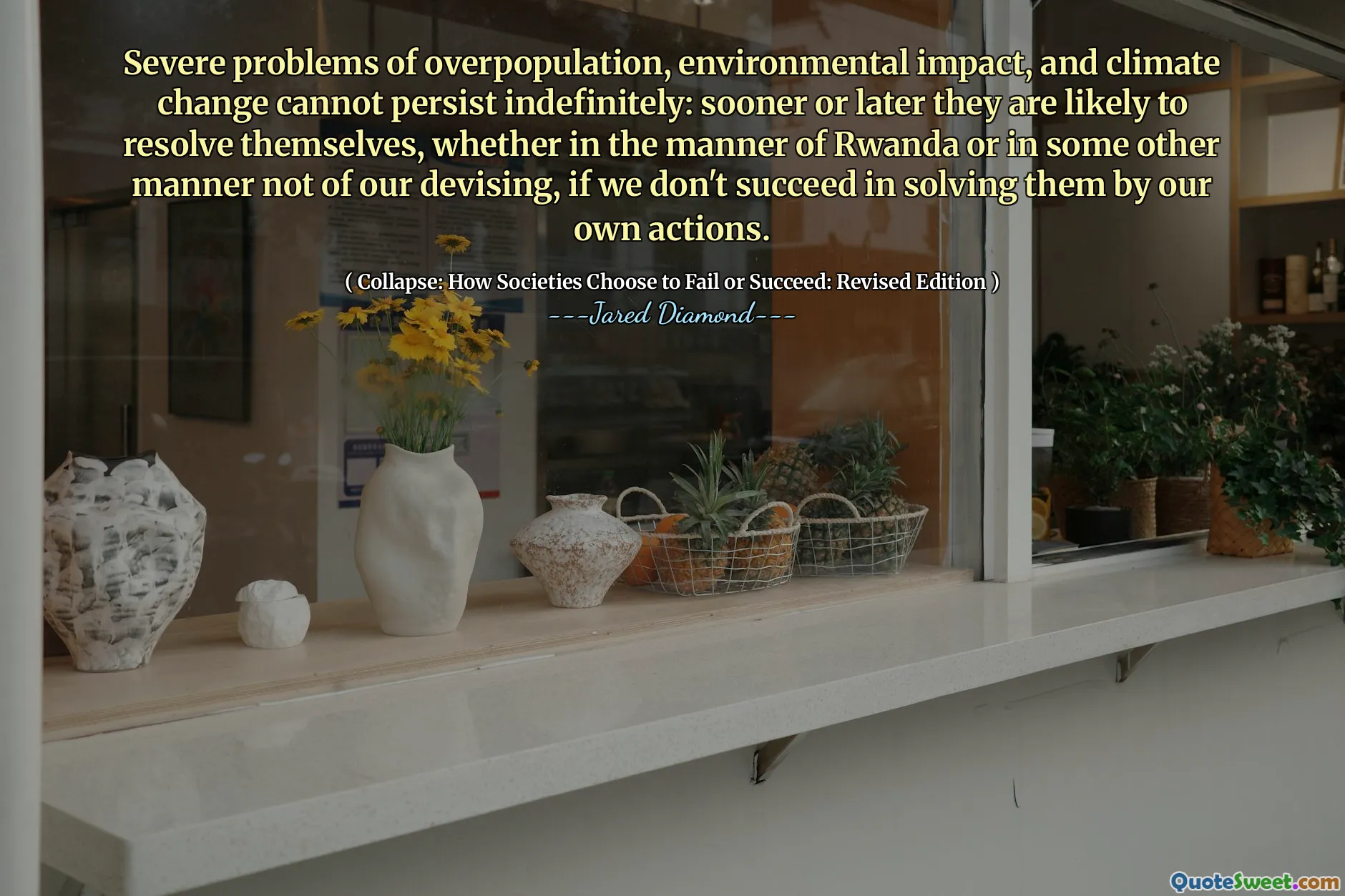 Severe problems of overpopulation, environmental impact, and climate change cannot persist indefinitely: sooner or later they are likely to resolve themselves, whether in the manner of Rwanda or in some other manner not of our devising, if we don't succeed in solving them by our own actions.