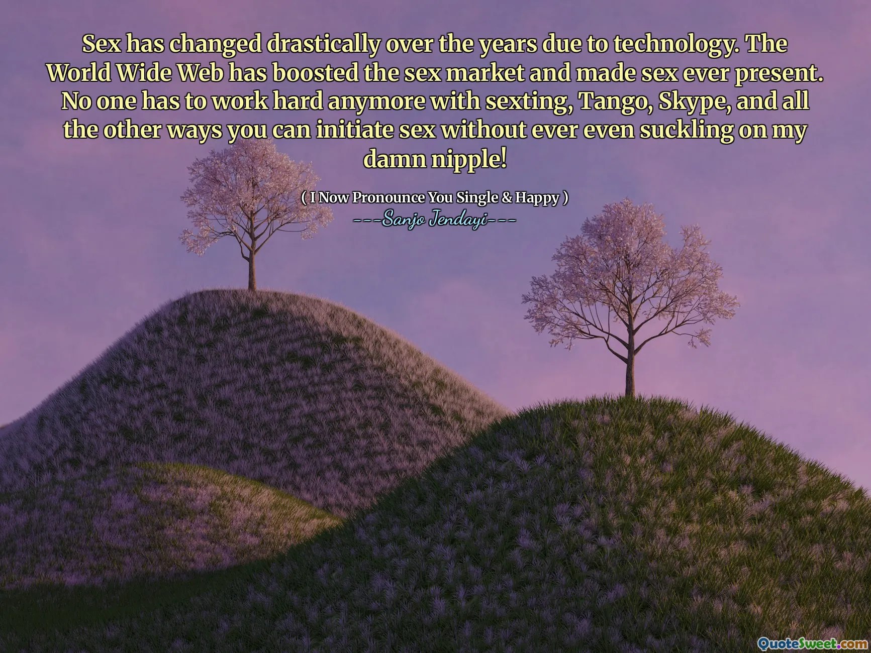 Sex has changed drastically over the years due to technology. The World Wide Web has boosted the sex market and made sex ever present. No one has to work hard anymore with sexting, Tango, Skype, and all the other ways you can initiate sex without ever even suckling on my damn nipple!