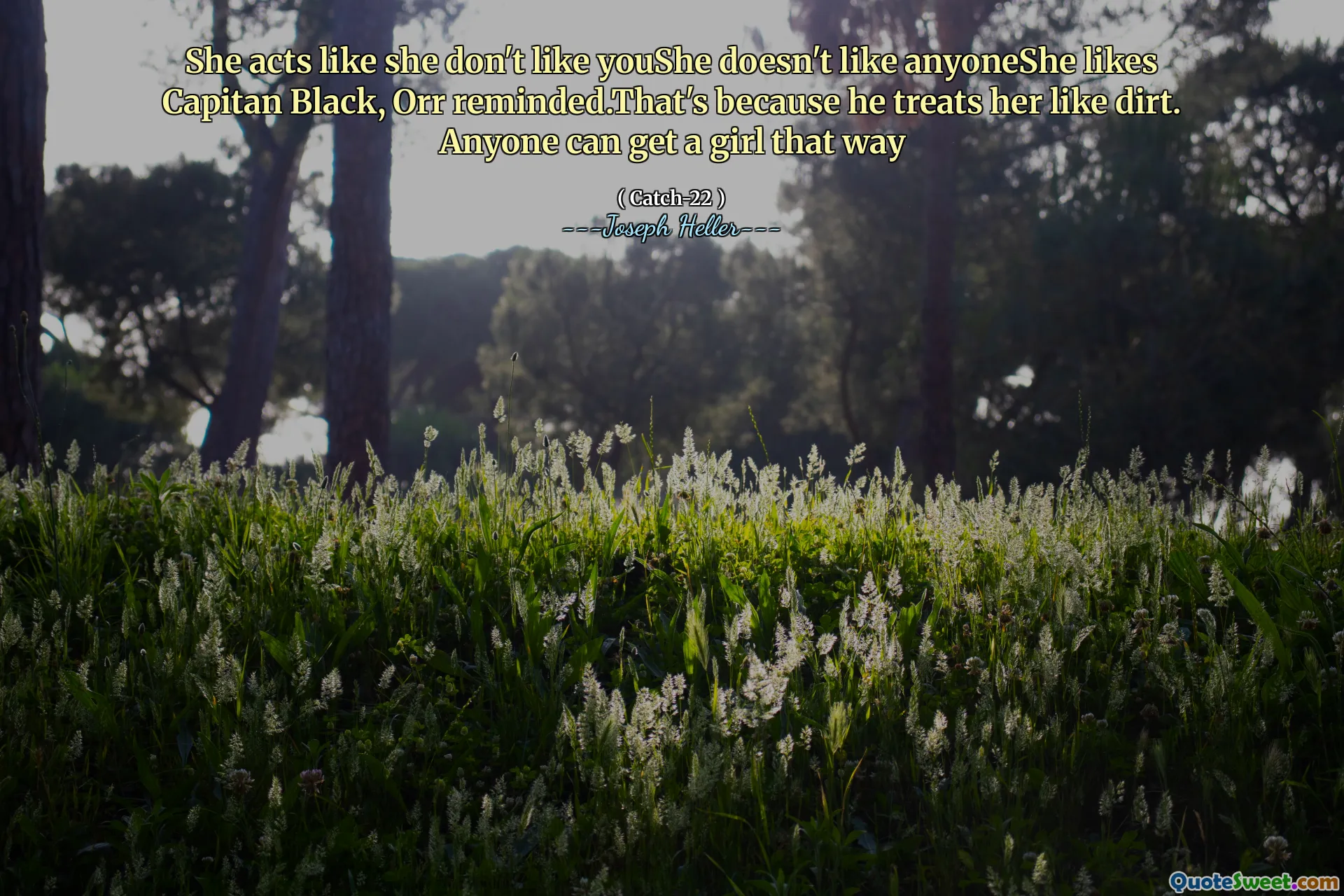 Hun oppfører seg som om hun ikke liker at Youhe ikke liker at Anyoneshe liker Capitan Black, minnet Orr. Det er fordi han behandler henne som skitt. Hvem som helst kan få en jente på den måten
