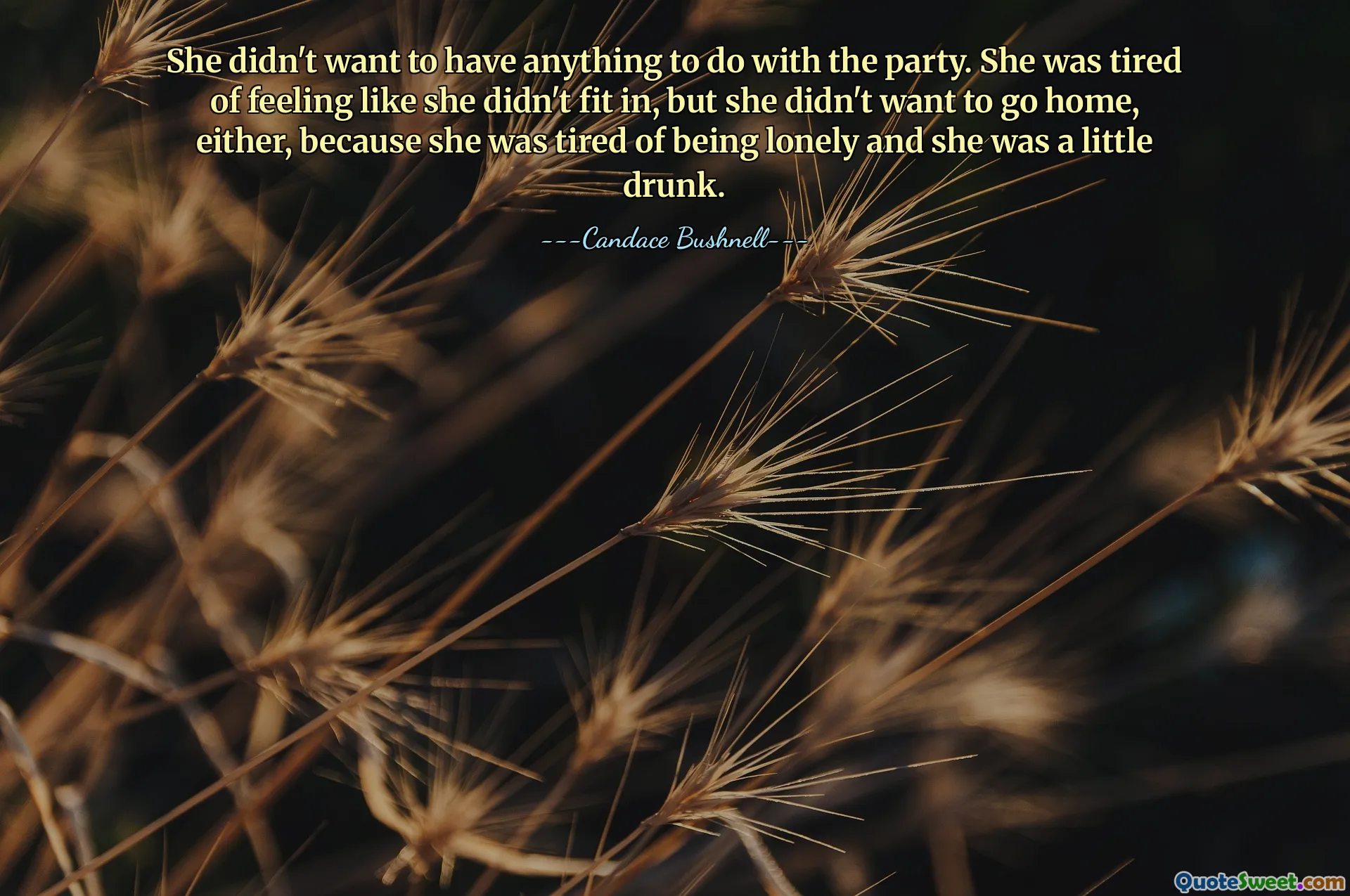She didn't want to have anything to do with the party. She was tired of feeling like she didn't fit in, but she didn't want to go home, either, because she was tired of being lonely and she was a little drunk.