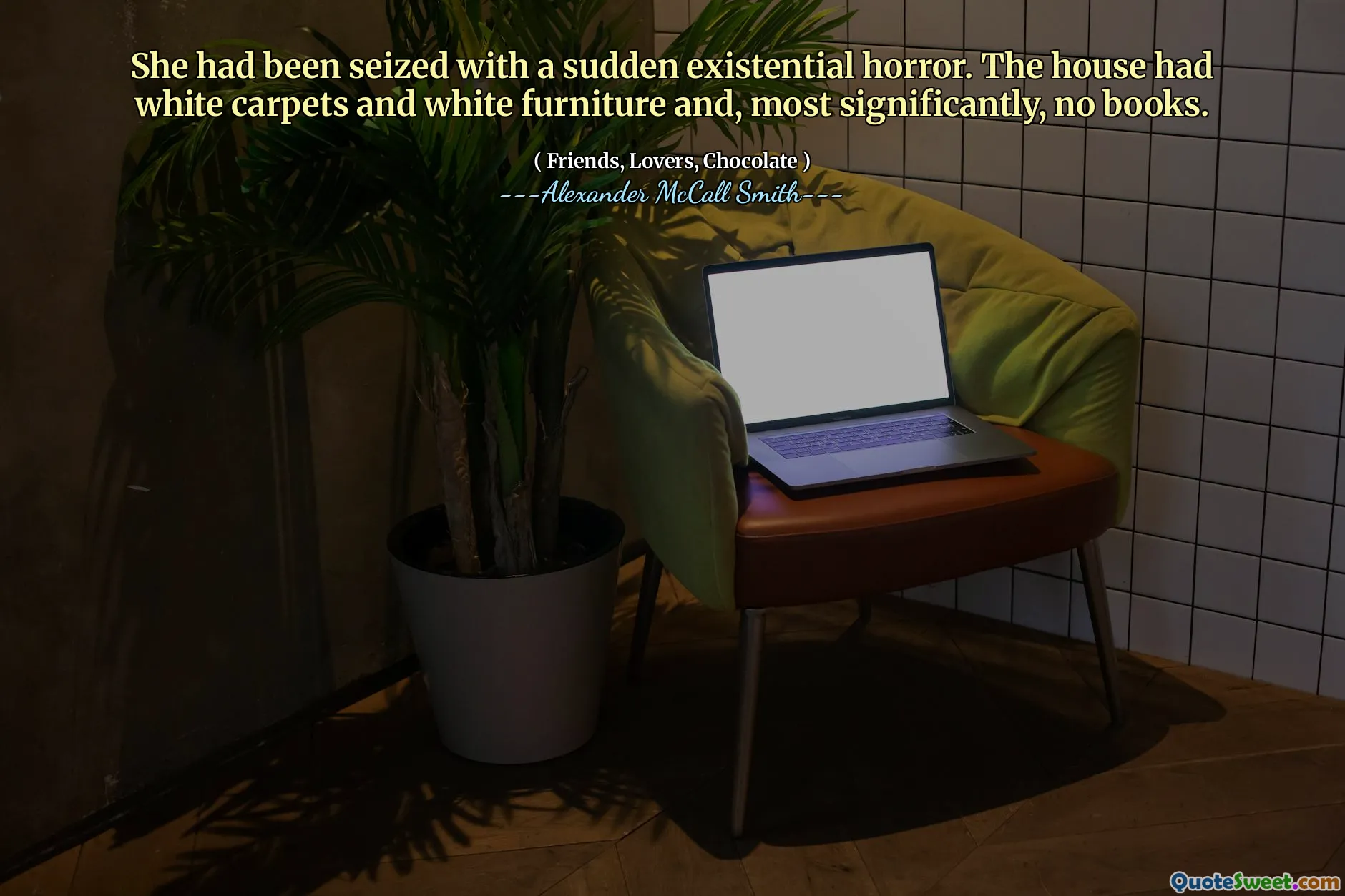 Hon hade gripits med en plötslig existensiell skräck. Huset hade vita mattor och vita möbler och, mest betydelsefullt, inga böcker.