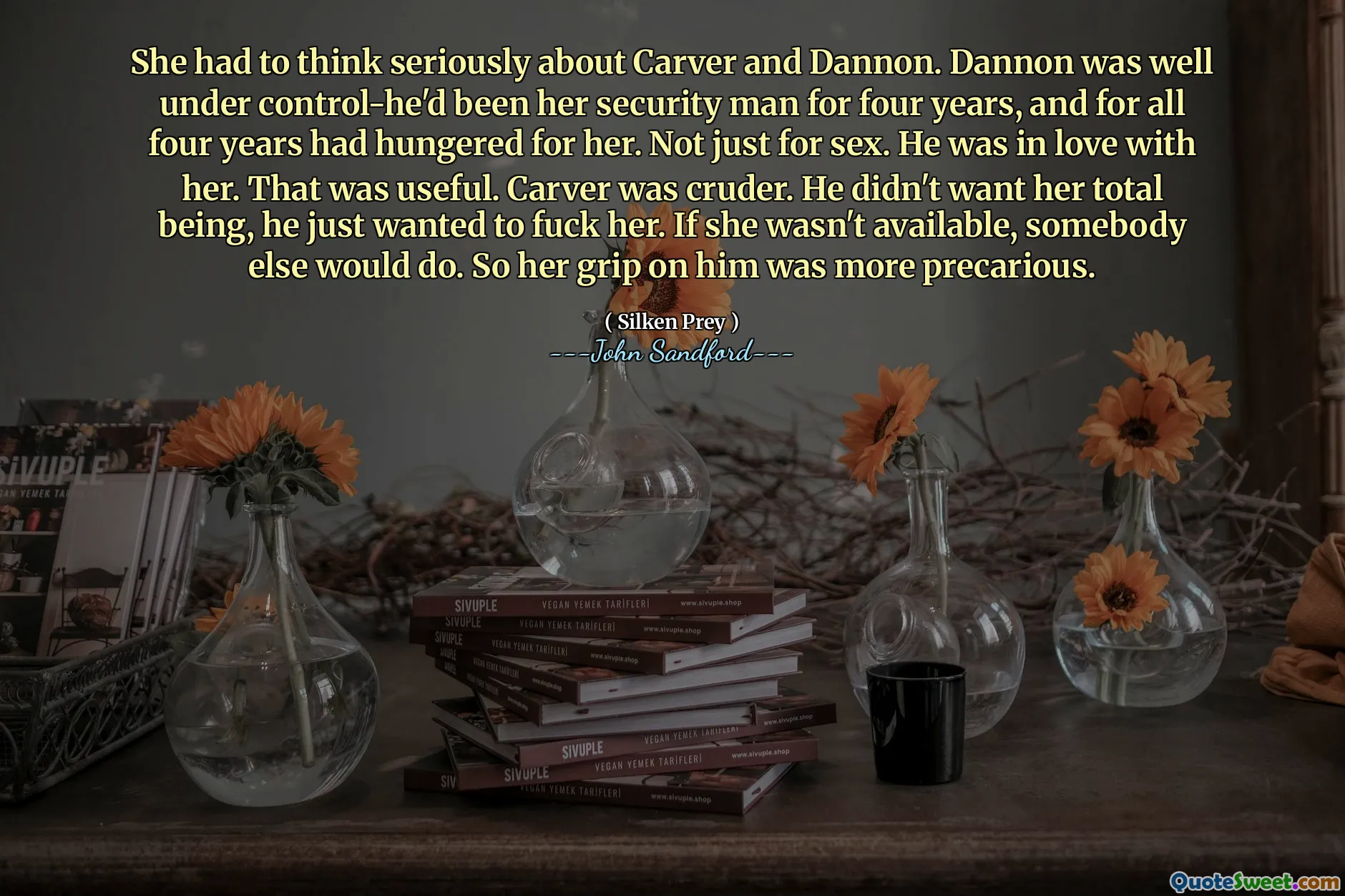 그녀는 Carver와 Dannon에 대해 진지하게 생각해야 했습니다. Dannon은 잘 통제되어 있었습니다. 그는 4년 동안 그녀의 경비원으로 일했고, 4년 내내 그녀를 갈망했습니다. 단지 섹스를 위해서만이 아닙니다. 그는 그녀와 사랑에 빠졌습니다. 그것은 유용했습니다. 카버는 더 거칠었다. 그는 그녀의 완전한 존재를 원하지 않았고 단지 그녀와 섹스하고 싶었습니다. 그녀가 시간이 없다면 다른 사람이 할 것입니다. 그래서 그에 대한 그녀의 손아귀는 더욱 위태로웠다.