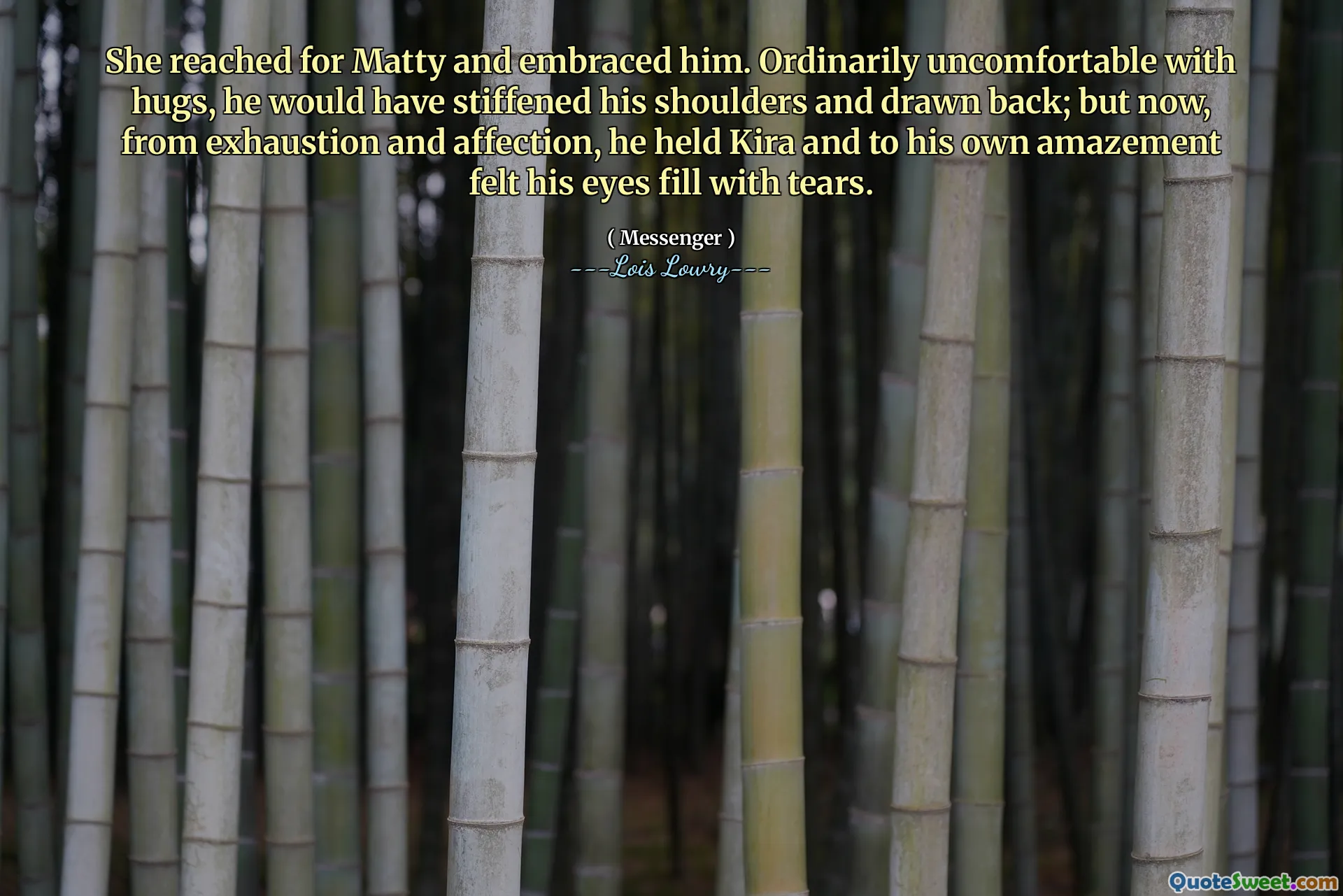 She reached for Matty and embraced him. Ordinarily uncomfortable with hugs, he would have stiffened his shoulders and drawn back; but now, from exhaustion and affection, he held Kira and to his own amazement felt his eyes fill with tears.