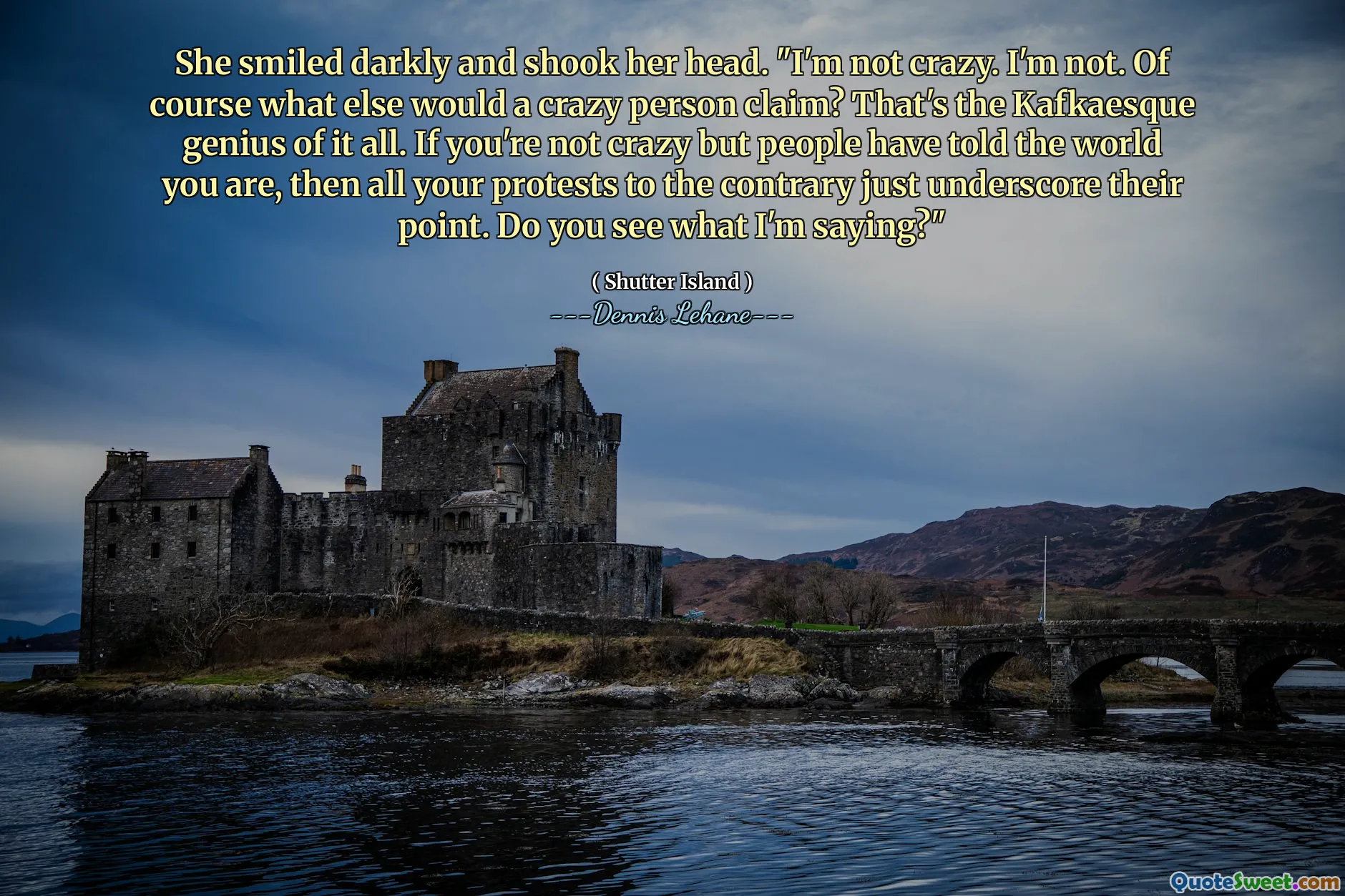 She smiled darkly and shook her head. "I'm not crazy. I'm not. Of course what else would a crazy person claim? That's the Kafkaesque genius of it all. If you're not crazy but people have told the world you are, then all your protests to the contrary just underscore their point. Do you see what I'm saying?"
