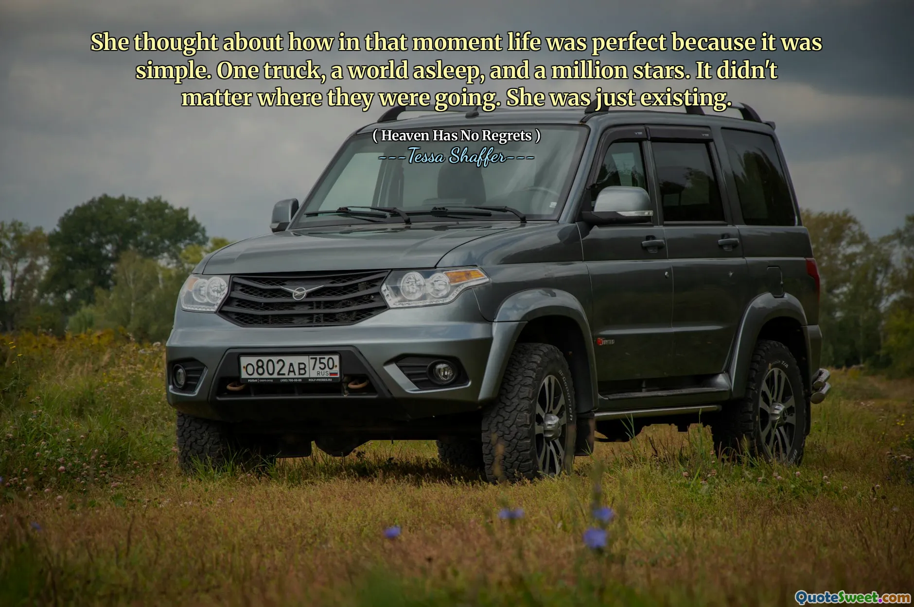 She thought about how in that moment life was perfect because it was simple. One truck, a world asleep, and a million stars. It didn't matter where they were going. She was just existing.