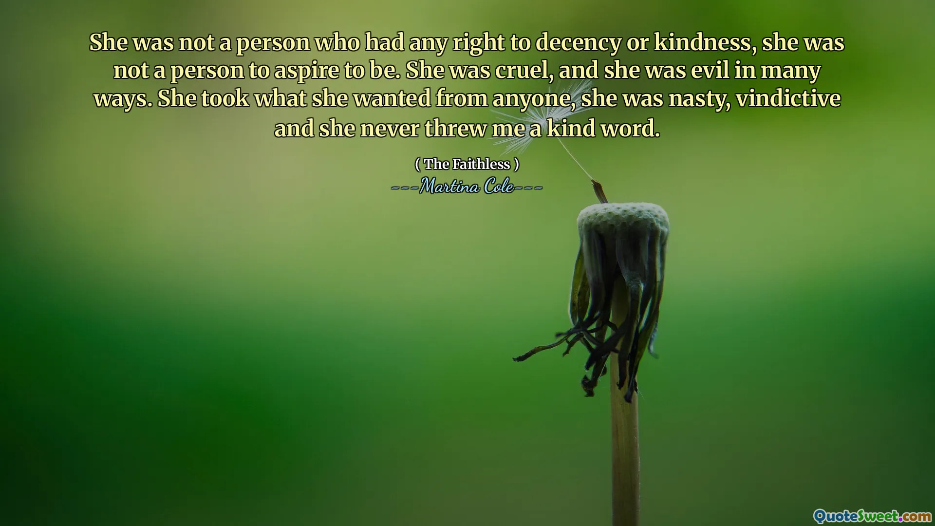She was not a person who had any right to decency or kindness, she was not a person to aspire to be. She was cruel, and she was evil in many ways. She took what she wanted from anyone, she was nasty, vindictive and she never threw me a kind word.