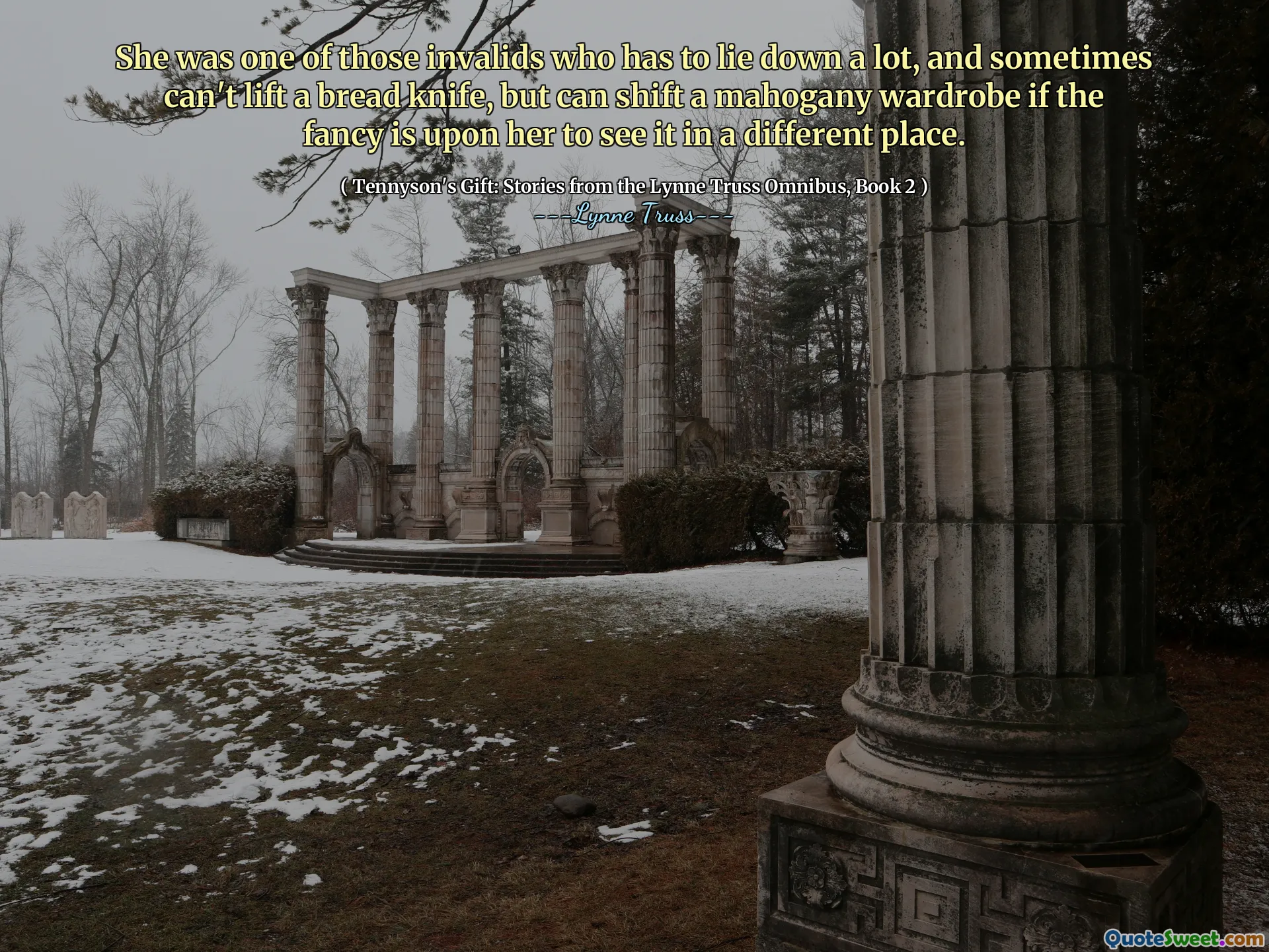 She was one of those invalids who has to lie down a lot, and sometimes can't lift a bread knife, but can shift a mahogany wardrobe if the fancy is upon her to see it in a different place.