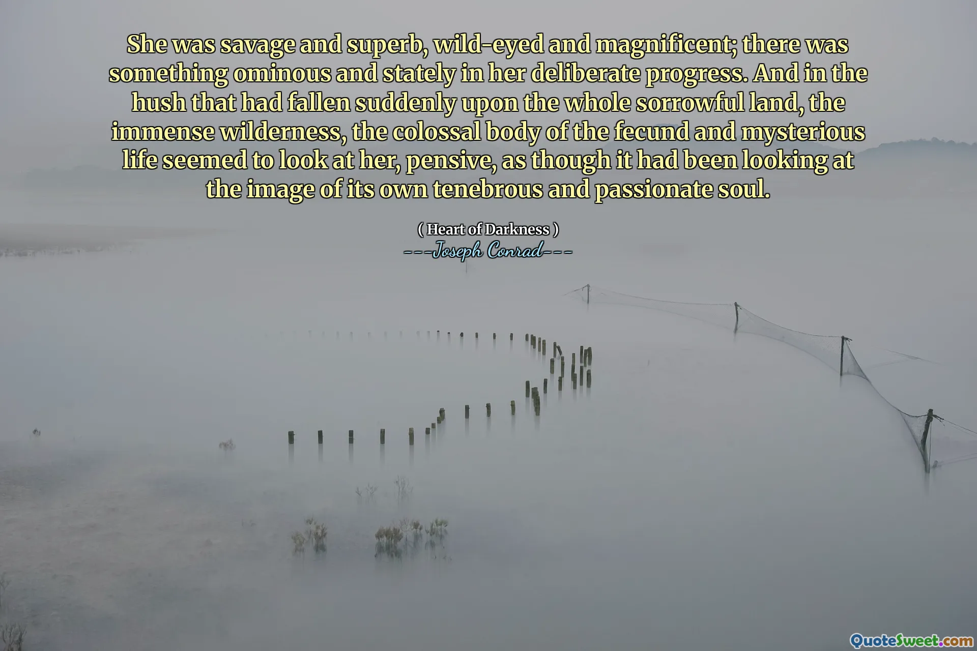 She was savage and superb, wild-eyed and magnificent; there was something ominous and stately in her deliberate progress. And in the hush that had fallen suddenly upon the whole sorrowful land, the immense wilderness, the colossal body of the fecund and mysterious life seemed to look at her, pensive, as though it had been looking at the image of its own tenebrous and passionate soul.