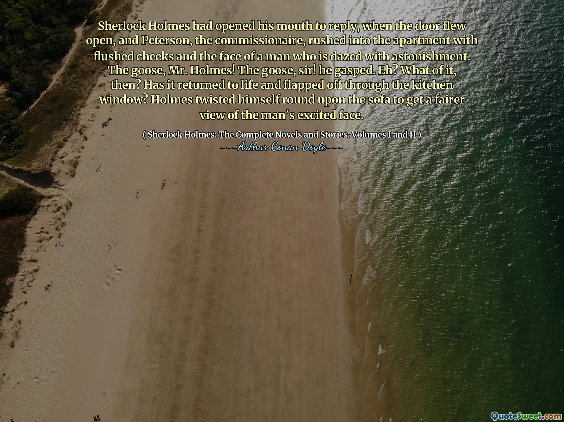 Sherlock Holmes had opened his mouth to reply, when the door flew open, and Peterson, the commissionaire, rushed into the apartment with flushed cheeks and the face of a man who is dazed with astonishment. The goose, Mr. Holmes! The goose, sir! he gasped. Eh? What of it, then? Has it returned to life and flapped off through the kitchen window? Holmes twisted himself round upon the sofa to get a fairer view of the man's excited face.