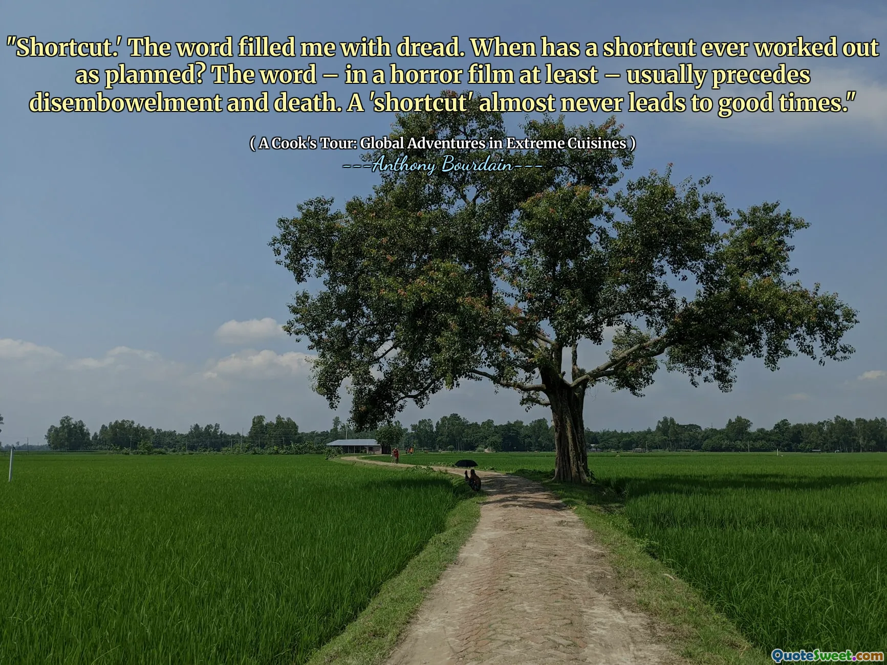 "Shortcut.' The word filled me with dread. When has a shortcut ever worked out as planned? The word – in a horror film at least – usually precedes disembowelment and death. A 'shortcut' almost never leads to good times."
