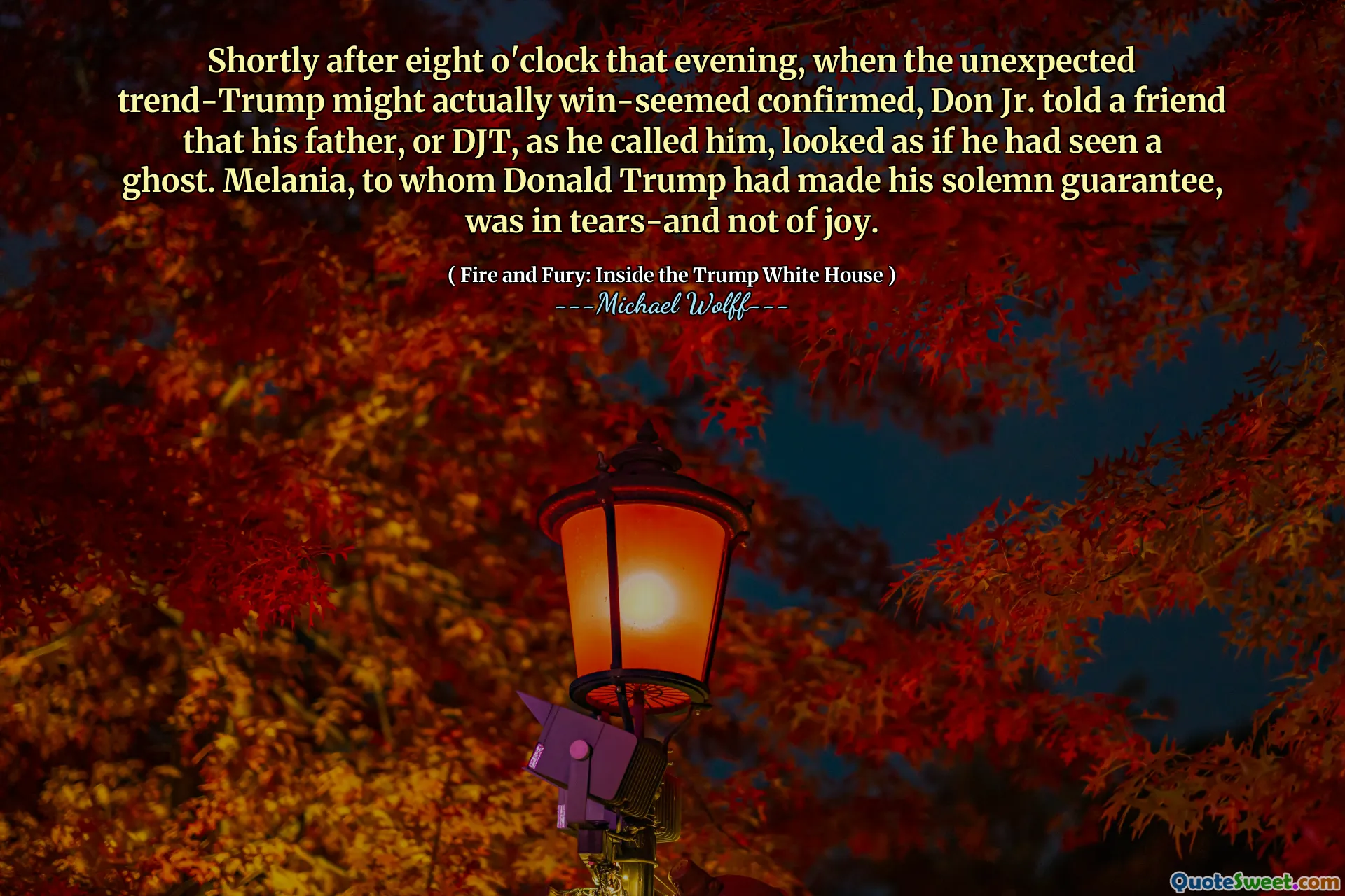 Shortly after eight o'clock that evening, when the unexpected trend-Trump might actually win-seemed confirmed, Don Jr. told a friend that his father, or DJT, as he called him, looked as if he had seen a ghost. Melania, to whom Donald Trump had made his solemn guarantee, was in tears-and not of joy.