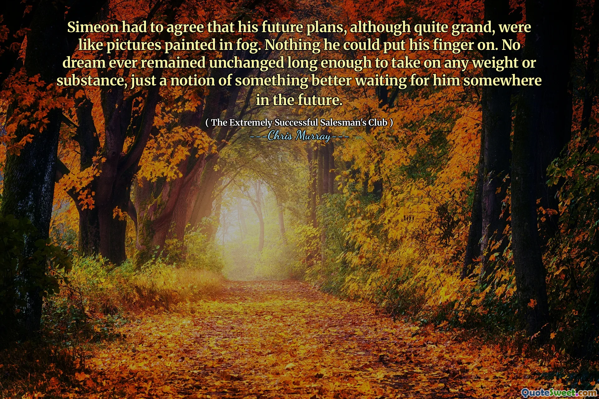 Simeon teve que concordar que seus planos futuros, embora bastante grandes, eram como fotos pintadas em neblina. Nada de ele colocar o dedo. Nenhum sonho permaneceu inalterado o suficiente para assumir qualquer peso ou substância, apenas uma noção de algo melhor esperando por ele em algum lugar no futuro.