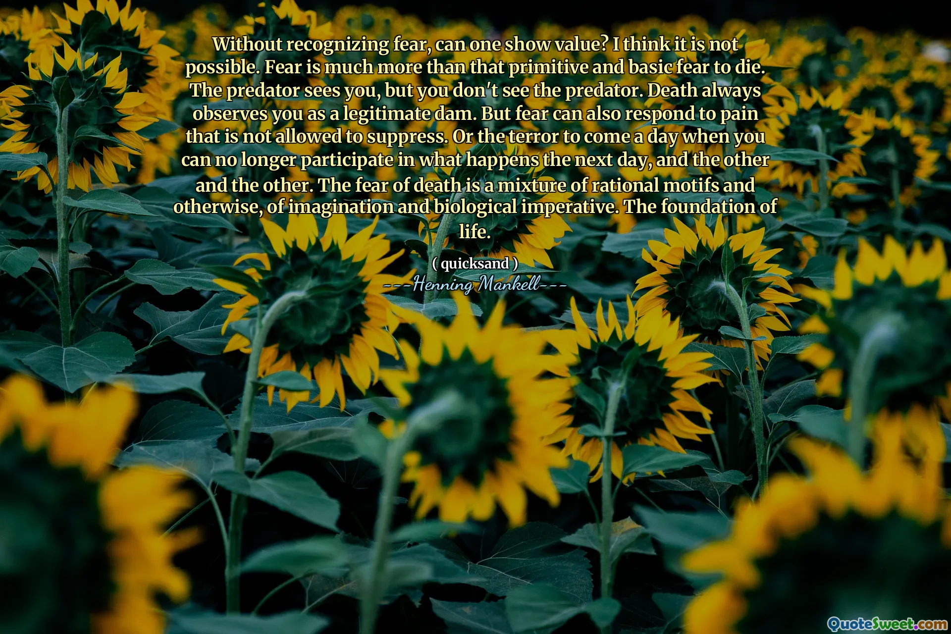 Without recognizing fear, can one show value? I think it is not possible. Fear is much more than that primitive and basic fear to die. The predator sees you, but you don't see the predator. Death always observes you as a legitimate dam. But fear can also respond to pain that is not allowed to suppress. Or the terror to come a day when you can no longer participate in what happens the next day, and the other and the other. The fear of death is a mixture of rational motifs and otherwise, of imagination and biological imperative. The foundation of life.