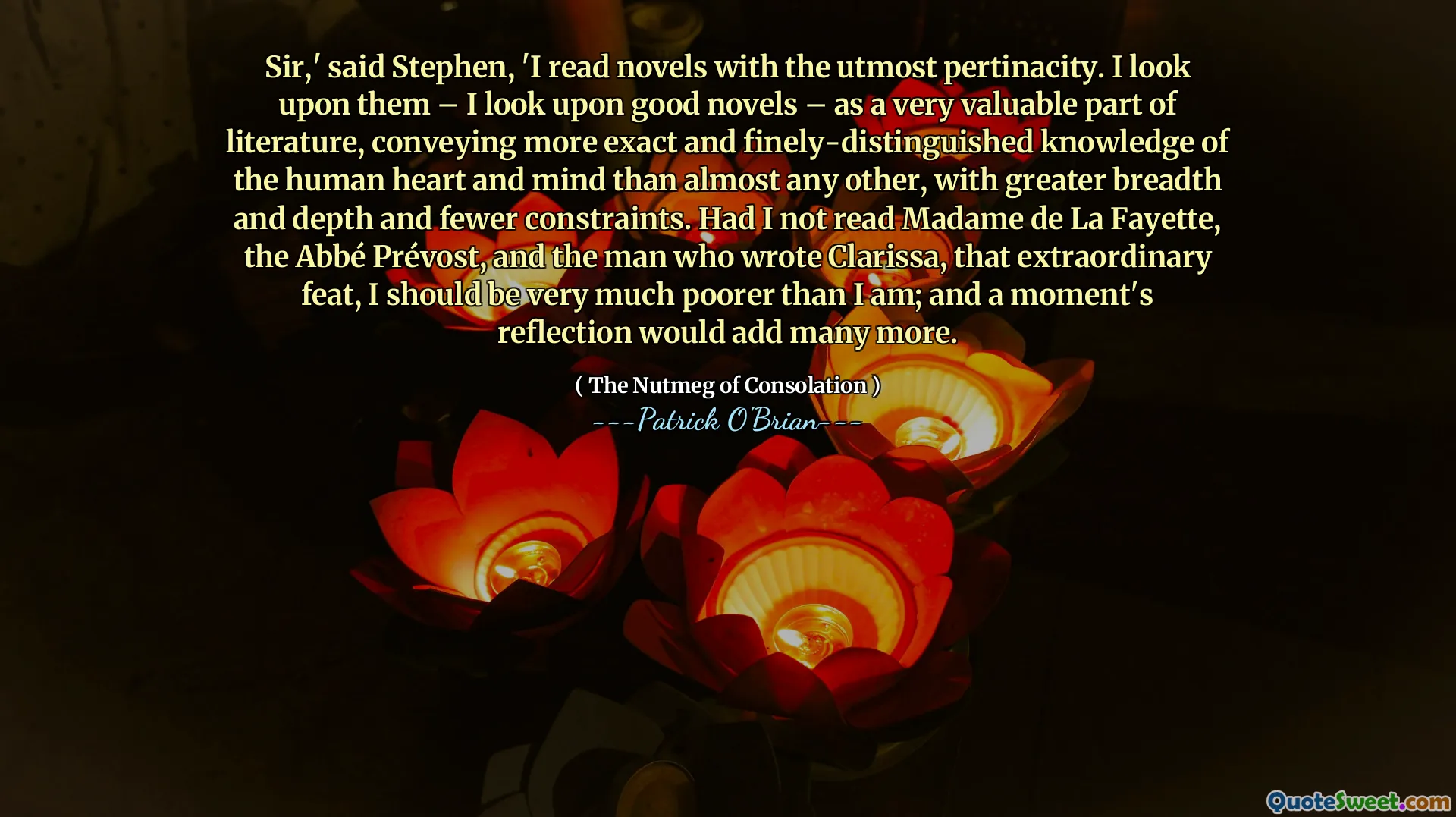 Sir,' said Stephen, 'I read novels with the utmost pertinacity. I look upon them – I look upon good novels – as a very valuable part of literature, conveying more exact and finely-distinguished knowledge of the human heart and mind than almost any other, with greater breadth and depth and fewer constraints. Had I not read Madame de La Fayette, the Abbé Prévost, and the man who wrote Clarissa, that extraordinary feat, I should be very much poorer than I am; and a moment's reflection would add many more.