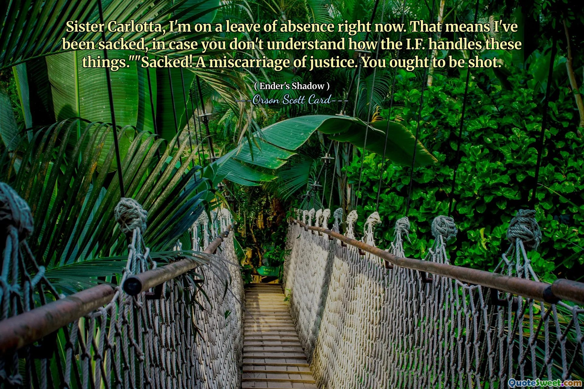 칼로타 수녀님, 저는 지금 휴가 중이에요. 그건 내가 해고되었다는 뜻이에요. I.F. 이런 일을 처리해요.""해고됐어요! 정의의 유산. 당신은 총에 맞아야합니다.