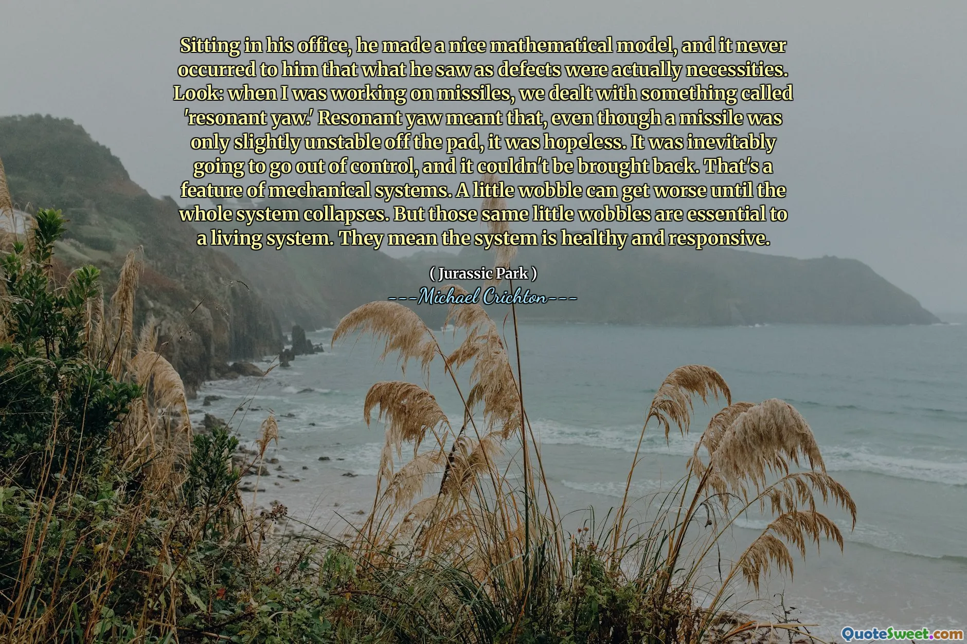 坐在他的办公室里，他做了一个不错的数学模型，他从来没有想到他认为缺陷实际上是必需品。看：当我在导弹上工作时，我们处理了一种叫做“共鸣偏航”的东西。共鸣的偏航意味着，即使导弹只有略微不稳定，但这是绝望的。它不可避免地会失控，而且无法带回。这是机械系统的特征。在整个系统崩溃之前，有些摇摆会变得更糟。但是那些相同的摇摆对于生活系统至关重要。它们意味着该系统健康且响应迅速。