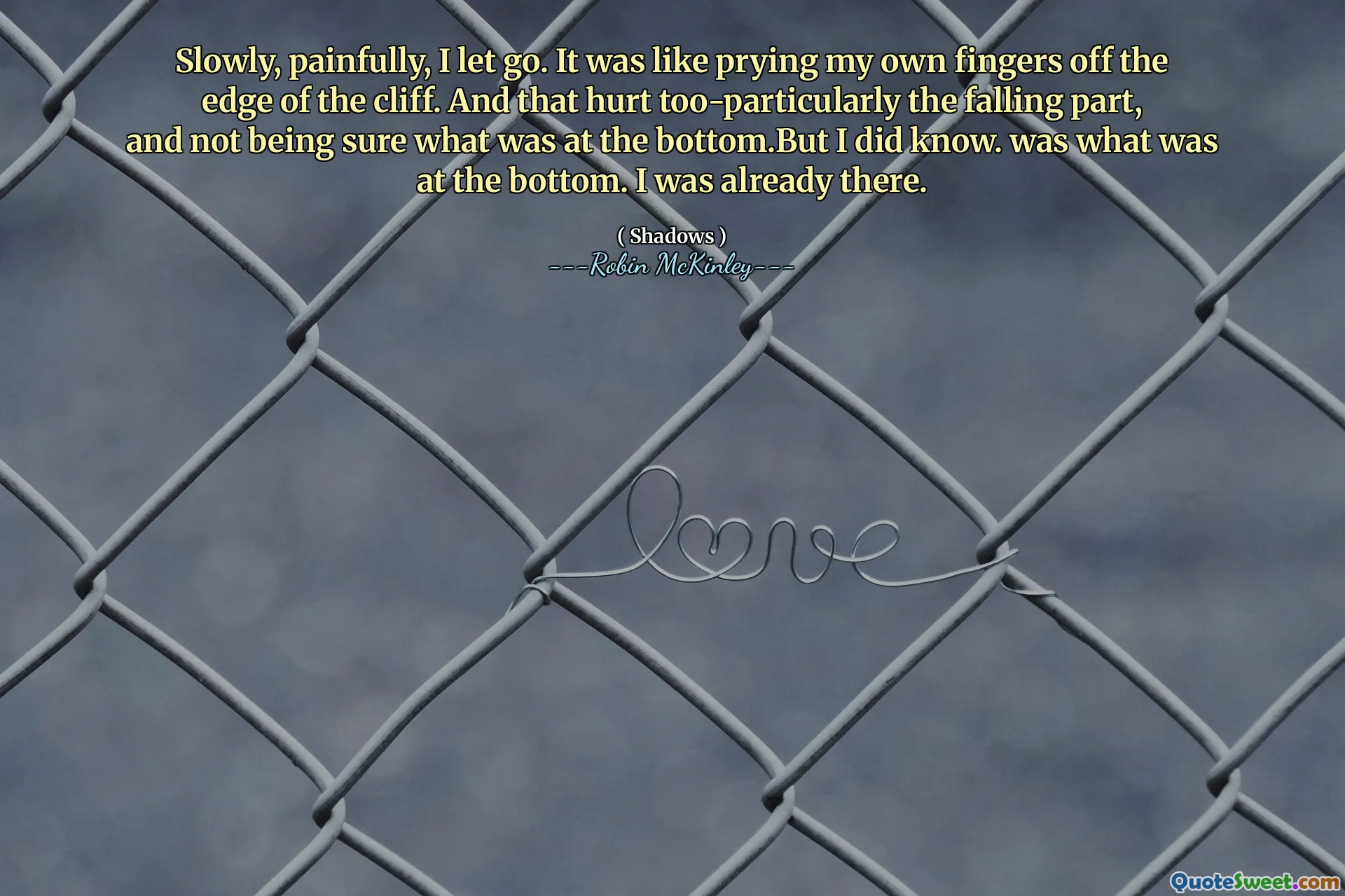 Sakta, smärtsamt släppte jag taget. Det var som att bända mina egna fingrar från kanten av klippan. Och det gjorde alltför ont, särskilt den fallande delen och att inte vara säker på vad som var längst ner. Men jag visste det. var det som låg längst ner. Jag var redan där.