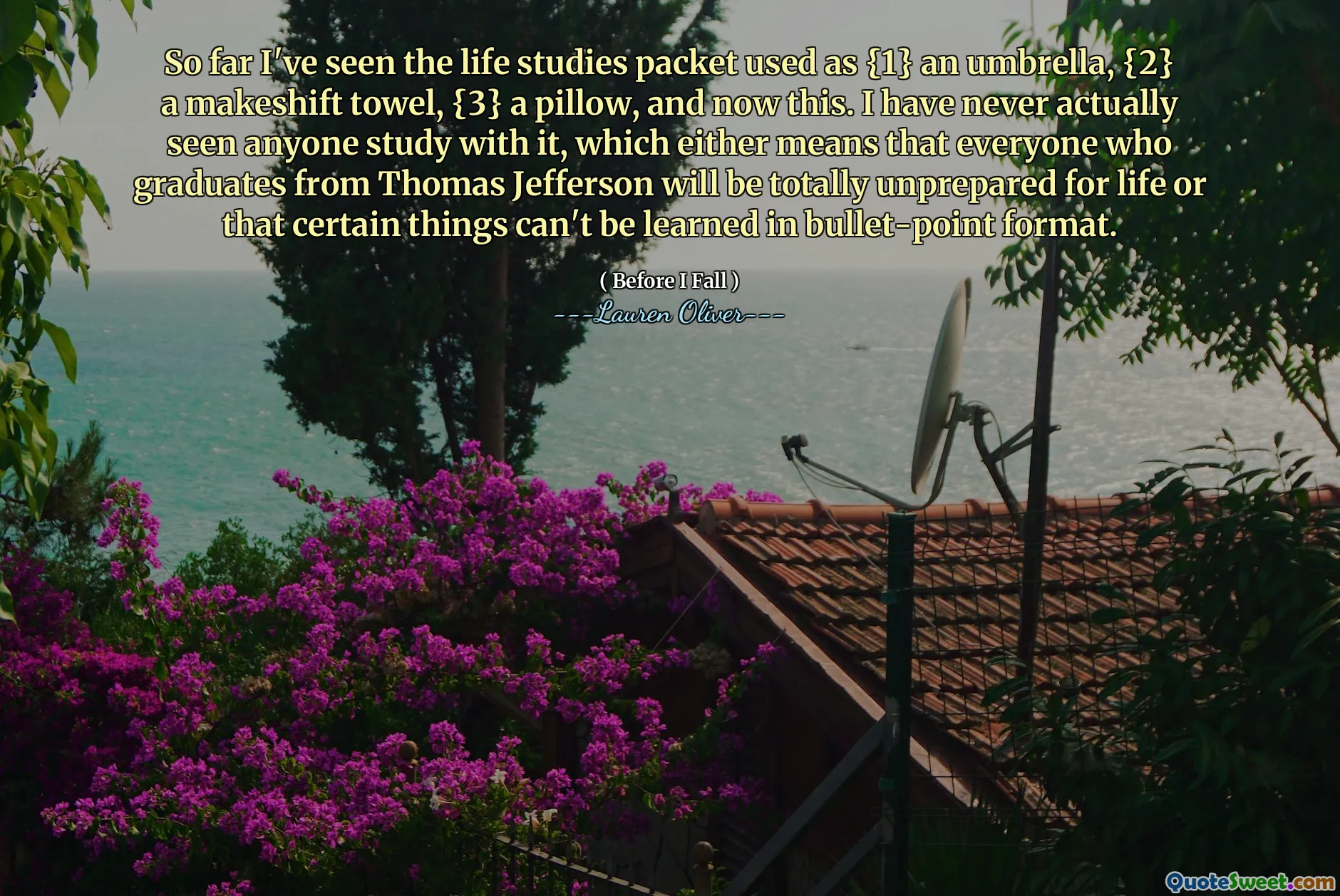 So far I've seen the life studies packet used as {1} an umbrella, {2} a makeshift towel, {3} a pillow, and now this. I have never actually seen anyone study with it, which either means that everyone who graduates from Thomas Jefferson will be totally unprepared for life or that certain things can't be learned in bullet-point format.