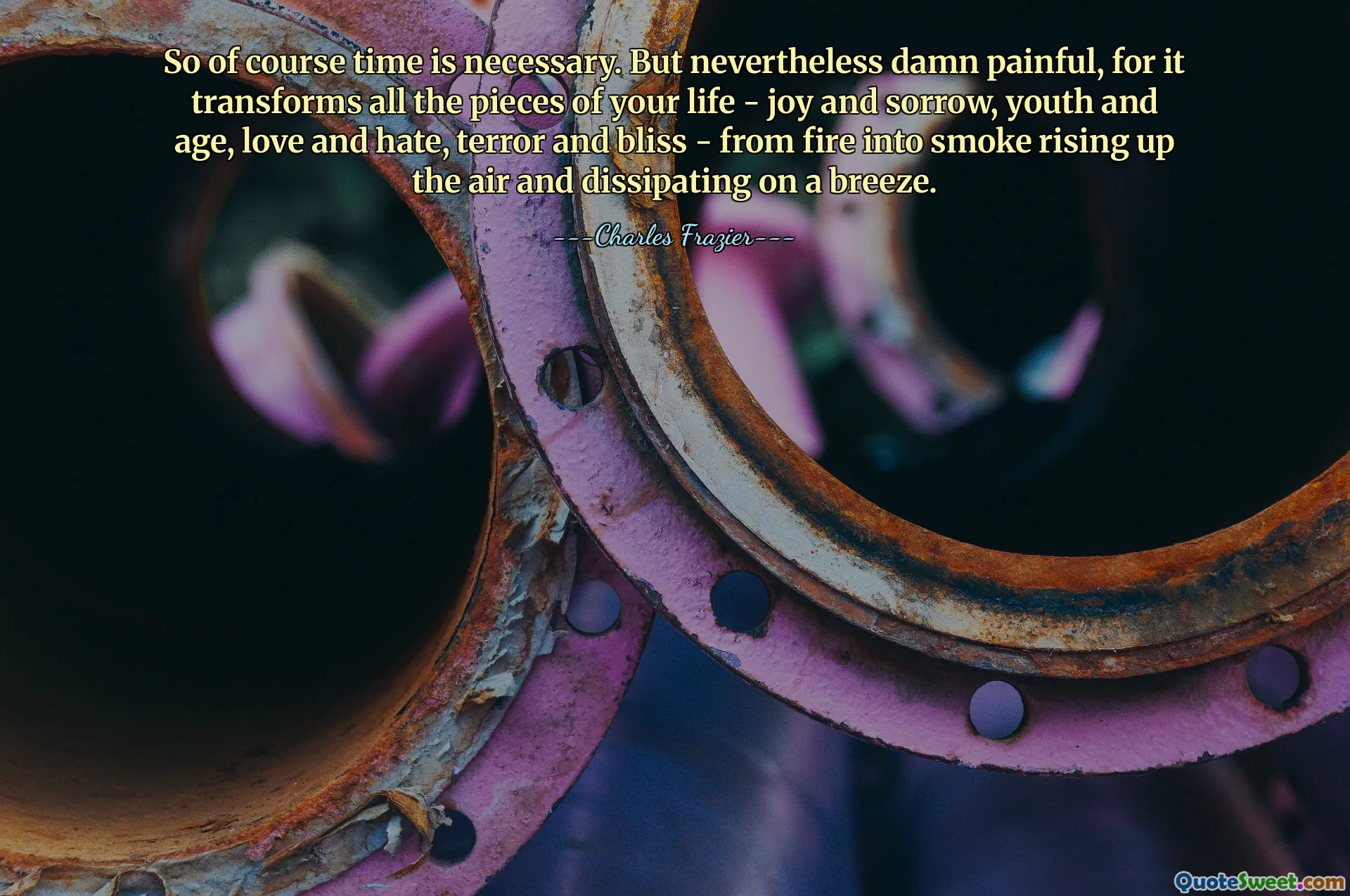 So of course time is necessary. But nevertheless damn painful, for it transforms all the pieces of your life - joy and sorrow, youth and age, love and hate, terror and bliss - from fire into smoke rising up the air and dissipating on a breeze.