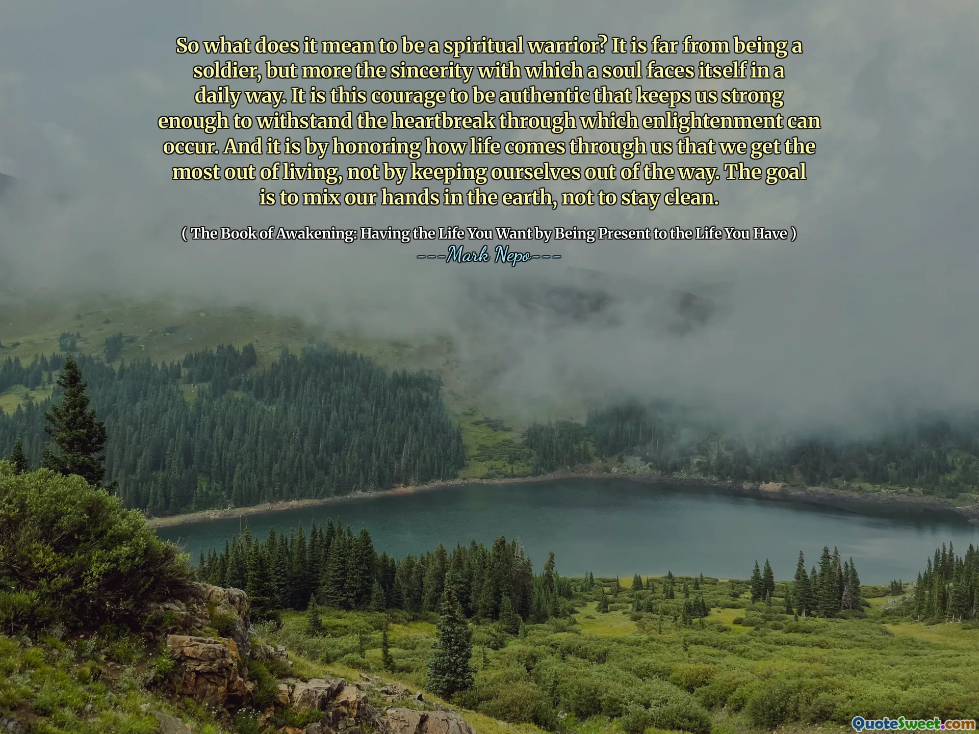 Deci, ce înseamnă să fii un războinic spiritual? Este departe de a fi un soldat, dar mai mult sinceritatea cu care un suflet se confruntă într -un mod zilnic. Este acest curaj să fim autentici care ne menține suficient de puternic pentru a rezista la inima prin care poate apărea iluminarea. Și prin onorarea modului în care viața vine prin noi, obținem cel mai mult din viață, nu prin păstrarea noastră în afara drumului. Scopul este să ne amestecăm mâinile pe pământ, să nu rămânem curate.
