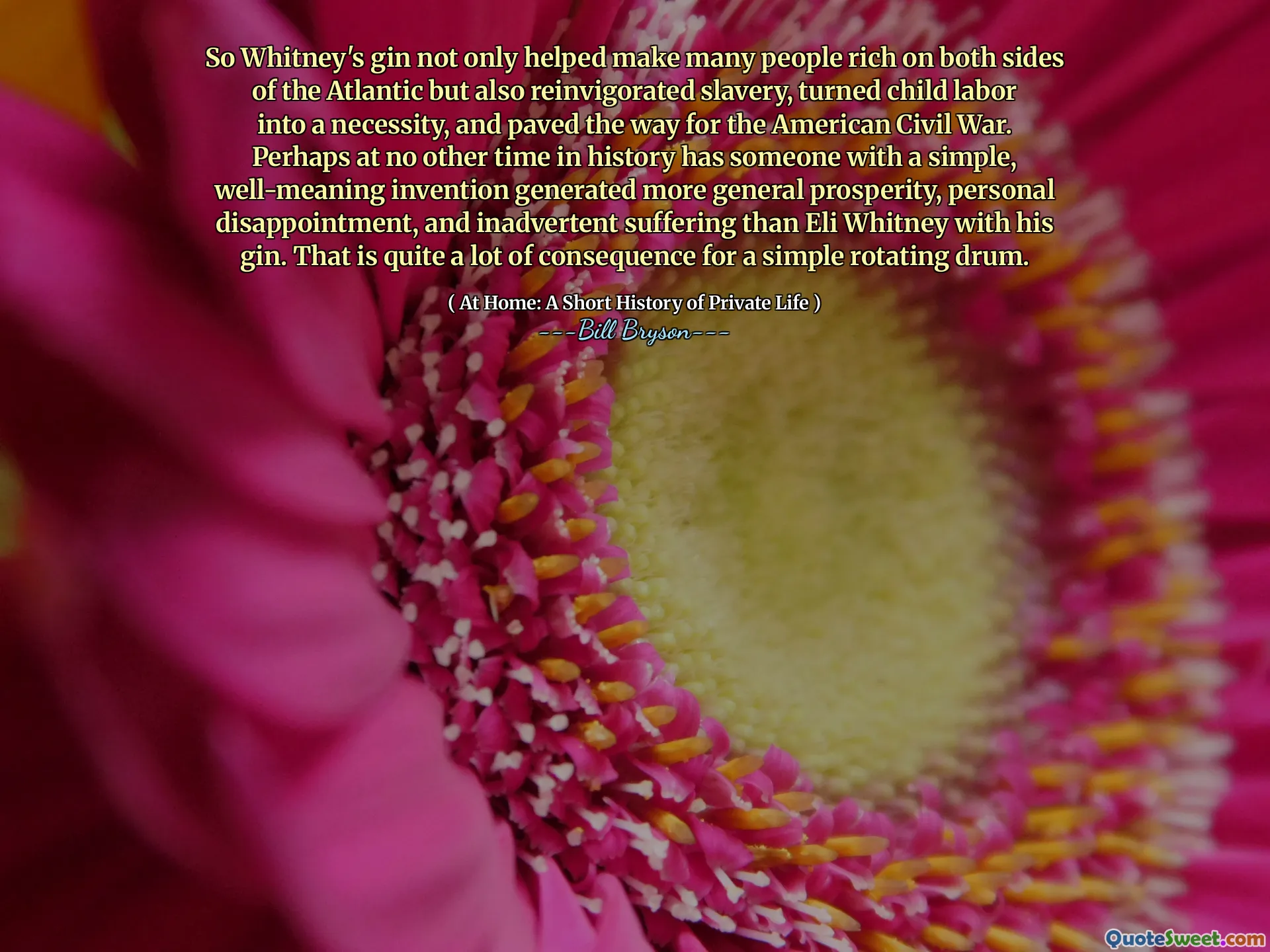 So Whitney's gin not only helped make many people rich on both sides of the Atlantic but also reinvigorated slavery, turned child labor into a necessity, and paved the way for the American Civil War. Perhaps at no other time in history has someone with a simple, well-meaning invention generated more general prosperity, personal disappointment, and inadvertent suffering than Eli Whitney with his gin. That is quite a lot of consequence for a simple rotating drum.