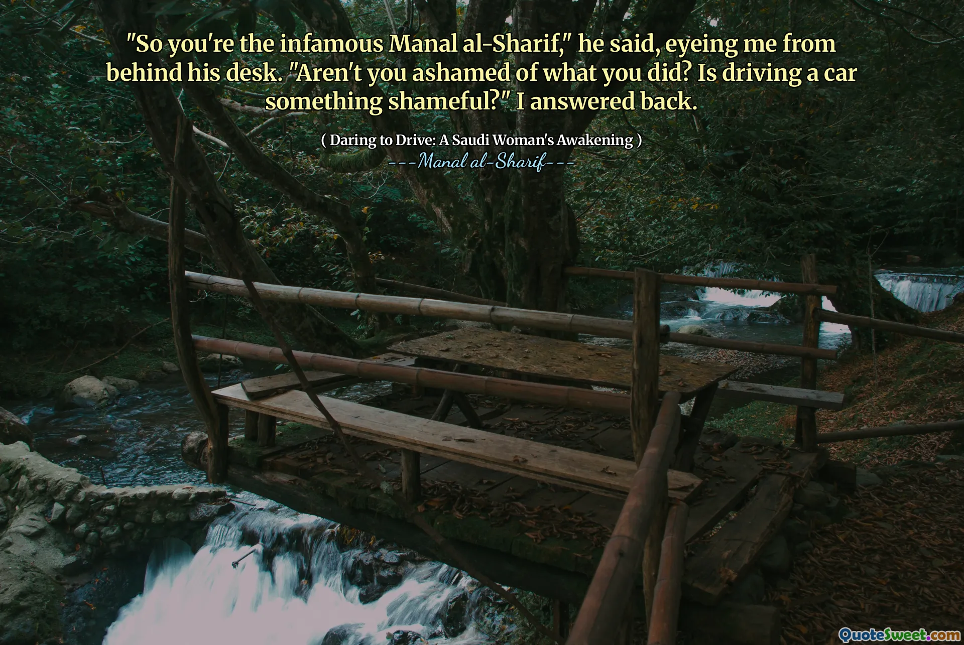 "So you're the infamous Manal al-Sharif," he said, eyeing me from behind his desk. "Aren't you ashamed of what you did? Is driving a car something shameful?" I answered back.