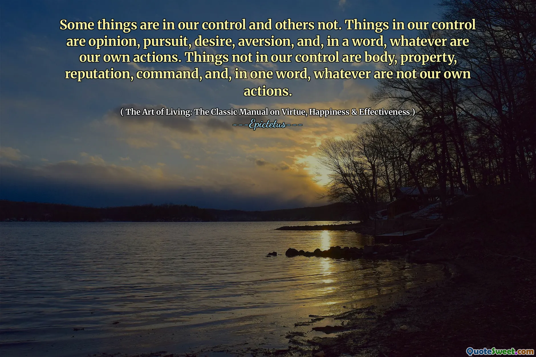 بعض الأشياء في سيطرتنا والبعض الآخر لا. الأشياء في سيطرتنا هي الرأي والسعي والرغبة والنفور ، وبكلمة واحدة ، أيا كان أفعالنا. الأشياء ليست في سيطرتنا هي الجسم ، والممتلكات ، والسمعة ، والقيادة ، وبكلمة واحدة ، كل ما ليس أفعالنا.