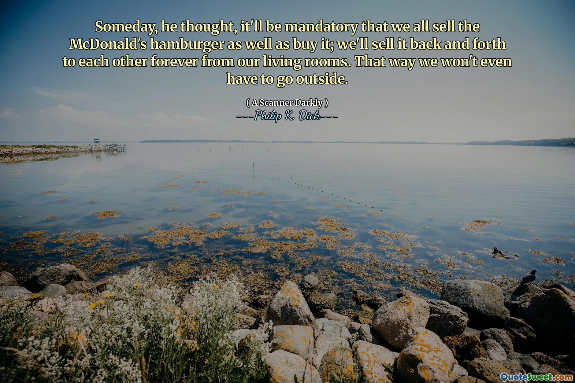 किसी दिन, उन्होंने सोचा, यह अनिवार्य होगा कि हम सभी मैकडॉनल्ड्स हैमबर्गर को बेचते हैं और साथ ही इसे खरीदते हैं; हम इसे अपने लिविंग रूम से हमेशा के लिए एक दूसरे को आगे -पीछे बेचेंगे। इस तरह हमें बाहर भी नहीं जाना पड़ेगा।