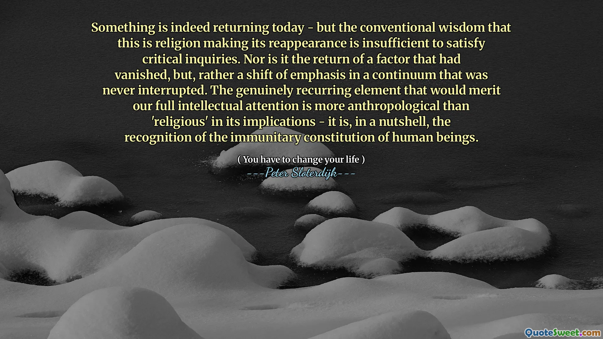 Something is indeed returning today - but the conventional wisdom that this is religion making its reappearance is insufficient to satisfy critical inquiries. Nor is it the return of a factor that had vanished, but, rather a shift of emphasis in a continuum that was never interrupted. The genuinely recurring element that would merit our full intellectual attention is more anthropological than 'religious' in its implications - it is, in a nutshell, the recognition of the immunitary constitution of human beings.