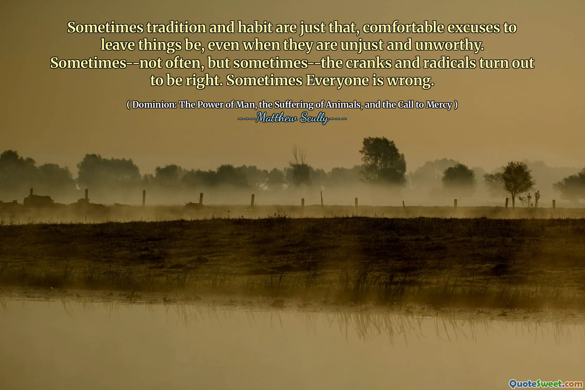 Soms zijn traditie en gewoonte precies dat, comfortabel excuses om dingen te laten, zelfs als ze onrechtvaardig en onwaardig zijn. Soms-niet vaak, maar soms-blijken de cranks en radicalen gelijk te hebben. Soms heeft iedereen het mis.