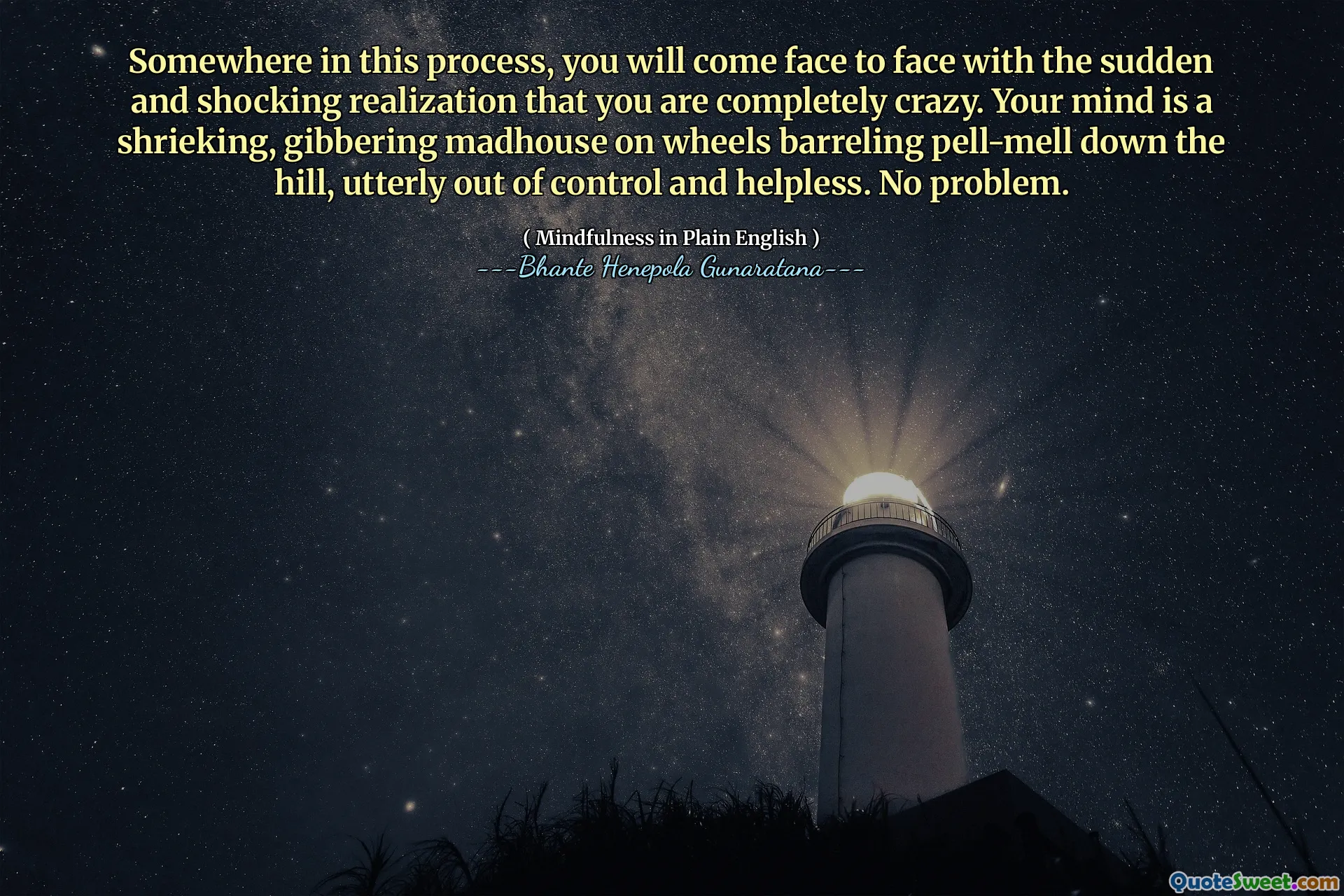 Somewhere in this process, you will come face to face with the sudden and shocking realization that you are completely crazy. Your mind is a shrieking, gibbering madhouse on wheels barreling pell-mell down the hill, utterly out of control and helpless. No problem.