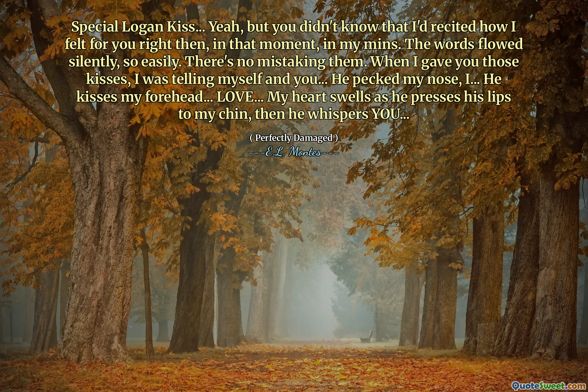 Special Logan Kiss... Yeah, but you didn't know that I'd recited how I felt for you right then, in that moment, in my mins. The words flowed silently, so easily. There's no mistaking them. When I gave you those kisses, I was telling myself and you... He pecked my nose, I... He kisses my forehead... LOVE... My heart swells as he presses his lips to my chin, then he whispers YOU...