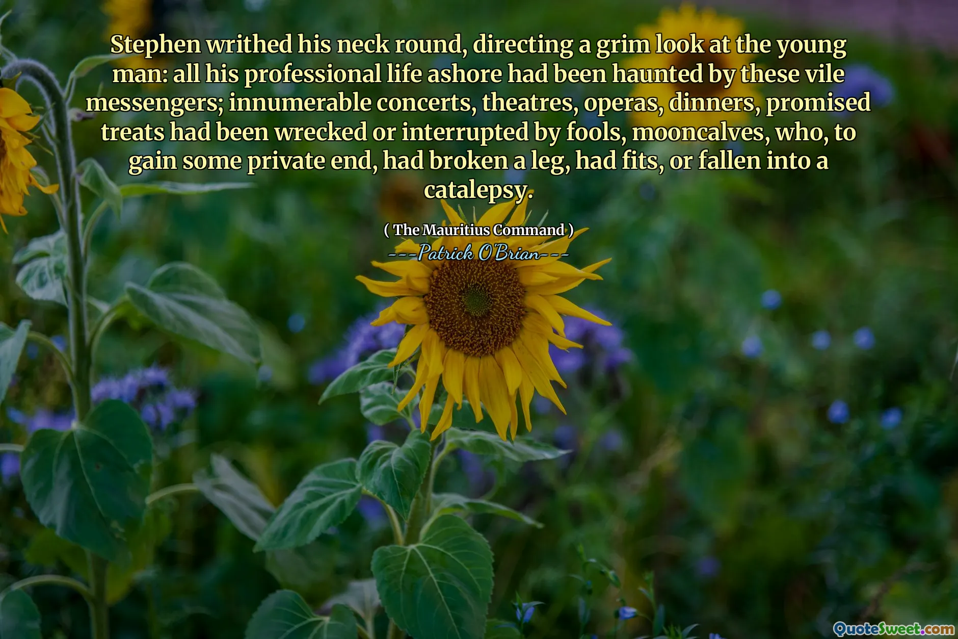 Stephen writhed his neck round, directing a grim look at the young man: all his professional life ashore had been haunted by these vile messengers; innumerable concerts, theatres, operas, dinners, promised treats had been wrecked or interrupted by fools, mooncalves, who, to gain some private end, had broken a leg, had fits, or fallen into a catalepsy.