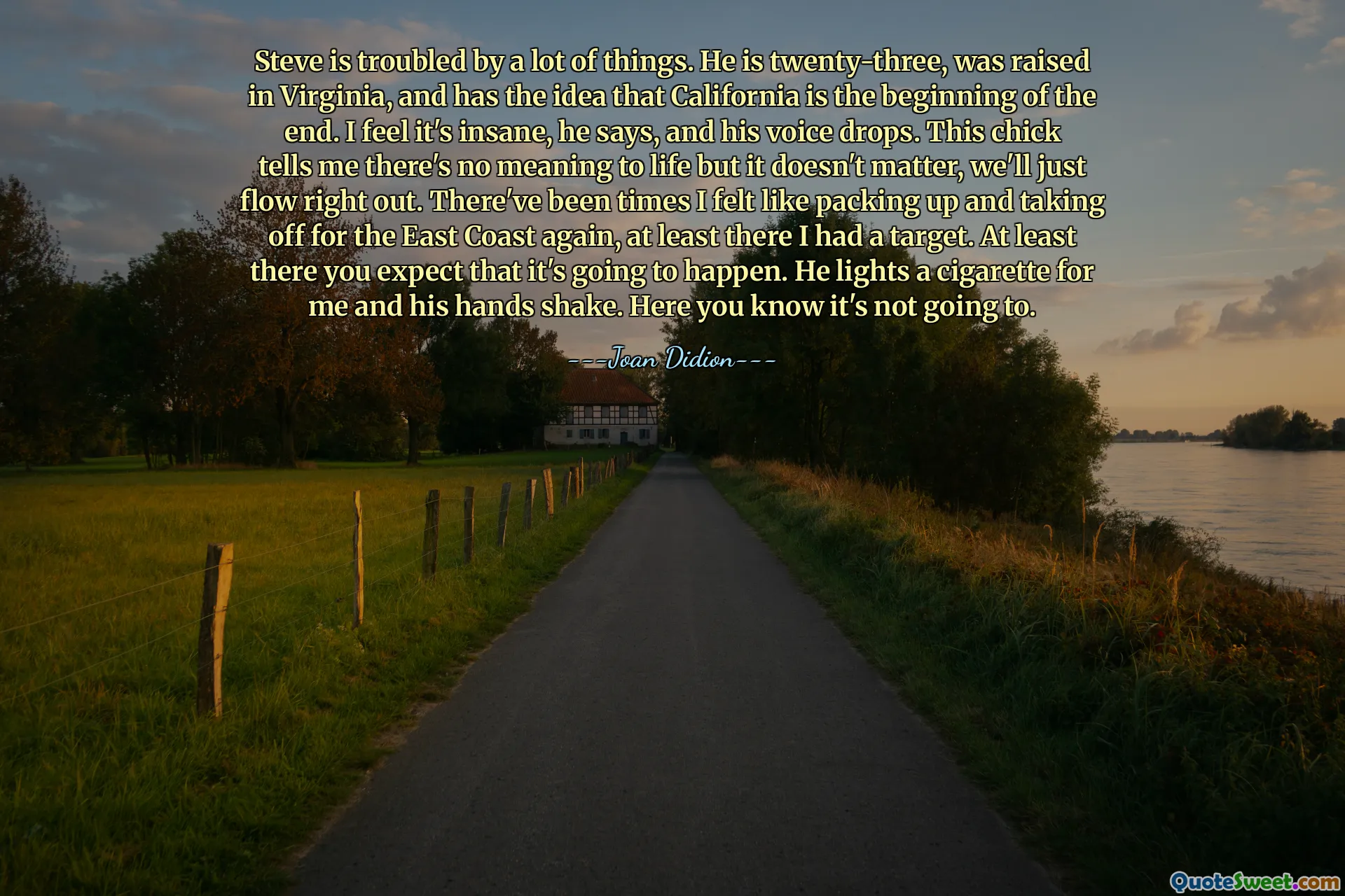 სტივ ბევრ რამეს აწუხებს. ის ოცდაოთხი არის, გაიზარდა ვირჯინიაში და აქვს მოსაზრება, რომ კალიფორნია დასრულების დასაწყისია. ვგრძნობ, რომ ეს გიჟურია, ამბობს ის და მისი ხმა ეშვება. ეს ქათამი მეუბნება, რომ სიცოცხლეში მნიშვნელობა არ აქვს, მაგრამ არ აქვს მნიშვნელობა, ჩვენ უბრალოდ გამოვდივართ. აქ ყოფილა დრო, რომ ვიგრძენი შეფუთვა და ისევ აღმოსავლეთ სანაპიროზე გამგზავრება, ყოველ