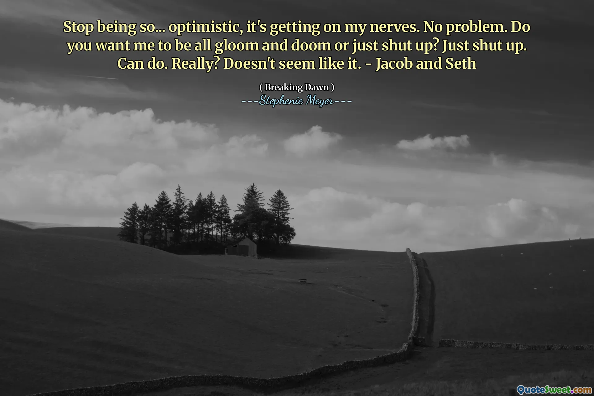Stop being so... optimistic, it's getting on my nerves. No problem. Do you want me to be all gloom and doom or just shut up? Just shut up. Can do. Really? Doesn't seem like it. - Jacob and Seth