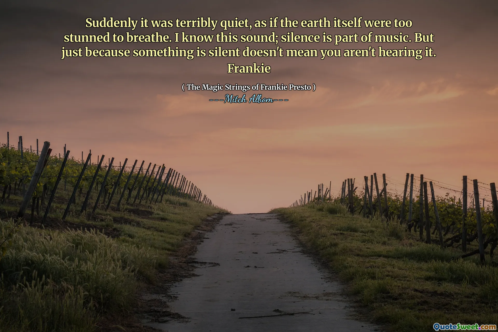 فجأة كانت هادئة بشكل رهيب ، كما لو كانت الأرض نفسها مندهشة للغاية للتنفس. أنا أعرف هذا الصوت. الصمت جزء من الموسيقى. ولكن لمجرد أن هناك شيئًا صامتًا لا يعني أنك لا تسمعه. فرانكي