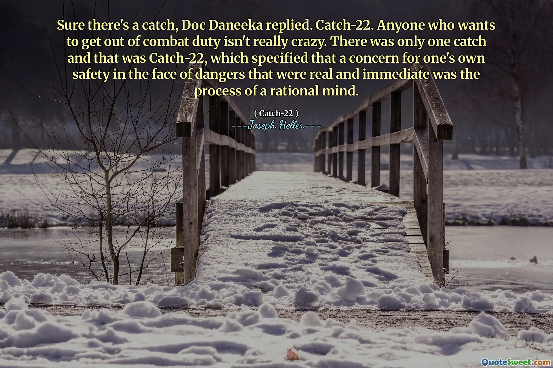 Sure there's a catch, Doc Daneeka replied. Catch-22. Anyone who wants to get out of combat duty isn't really crazy. There was only one catch and that was Catch-22, which specified that a concern for one's own safety in the face of dangers that were real and immediate was the process of a rational mind.