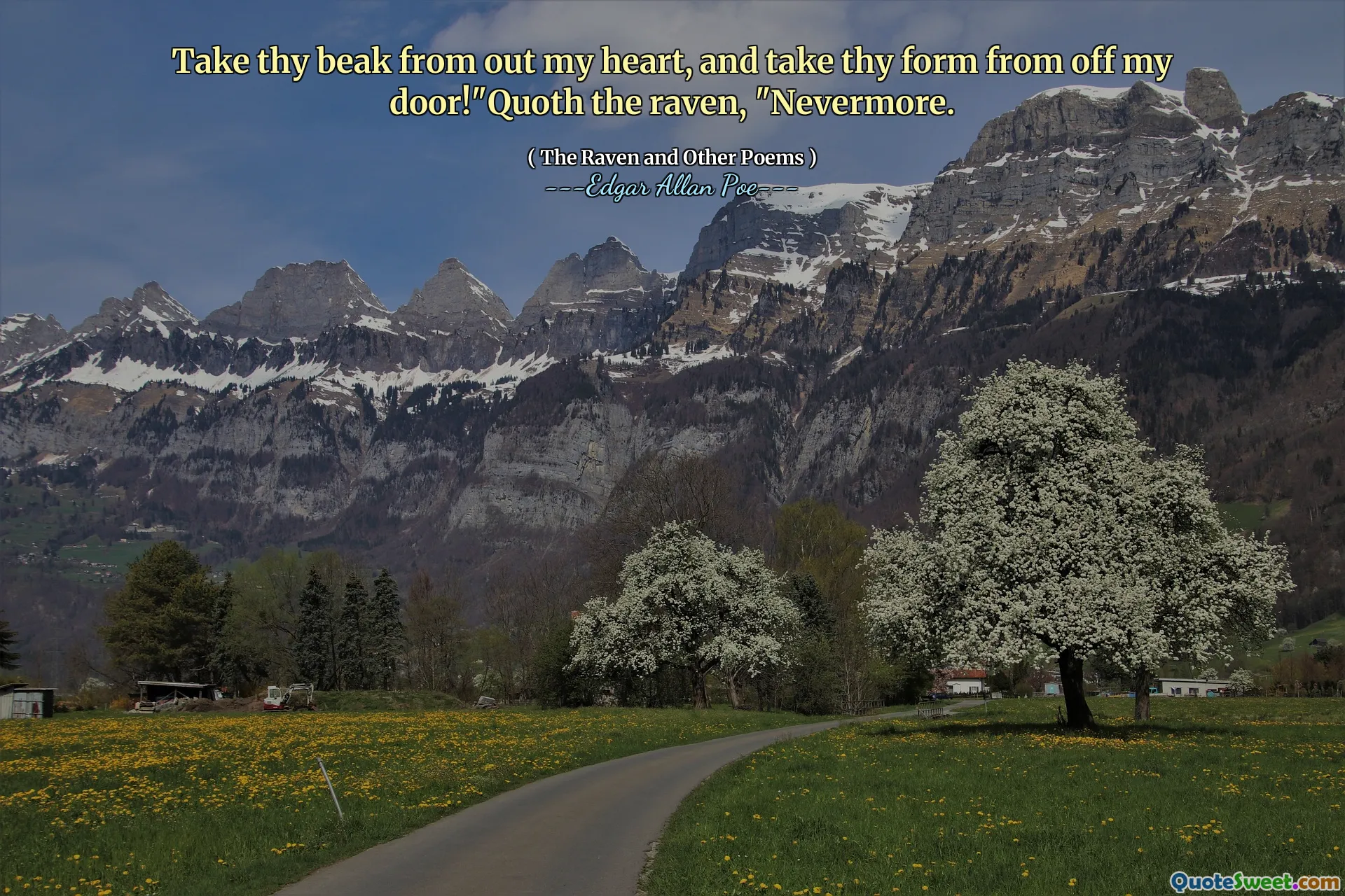 Take thy beak from out my heart, and take thy form from off my door!"Quoth the raven, "Nevermore.